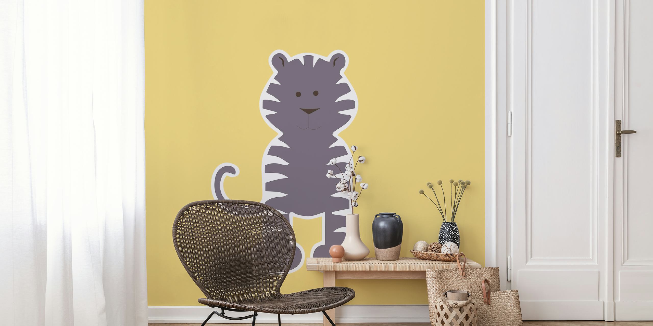 Mustard yellow and grey tiger illustration wall mural
