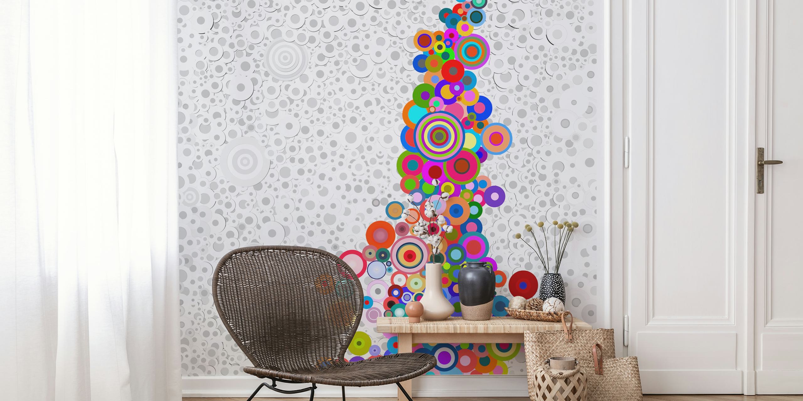 Colorful circles in various sizes and colors on a neutral background wallpaper