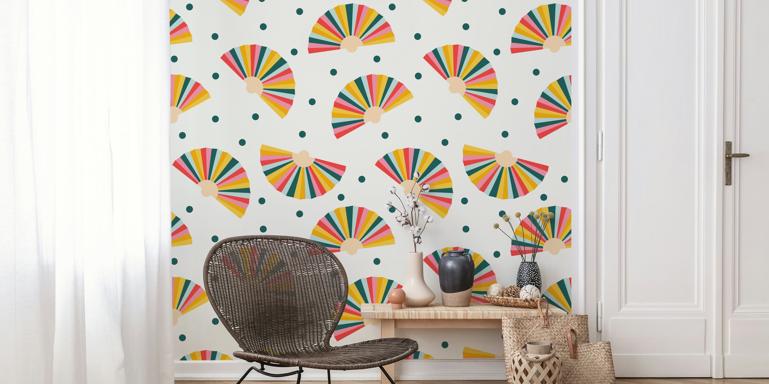 Design de papel de parede de hand fans coloridos em um quarto