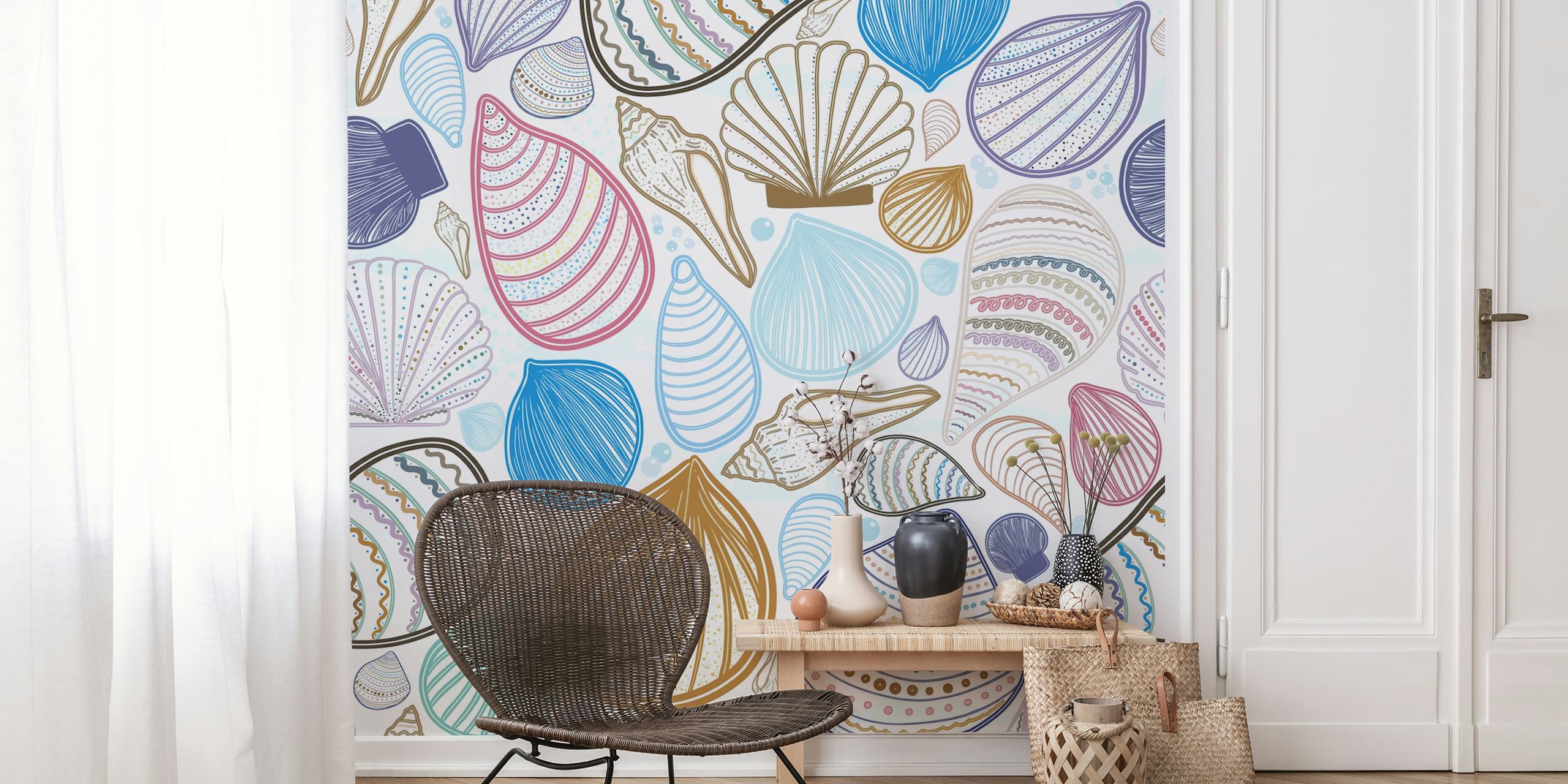 Pastel seashell pattern wall mural with a variety of sea shells in soothing colors