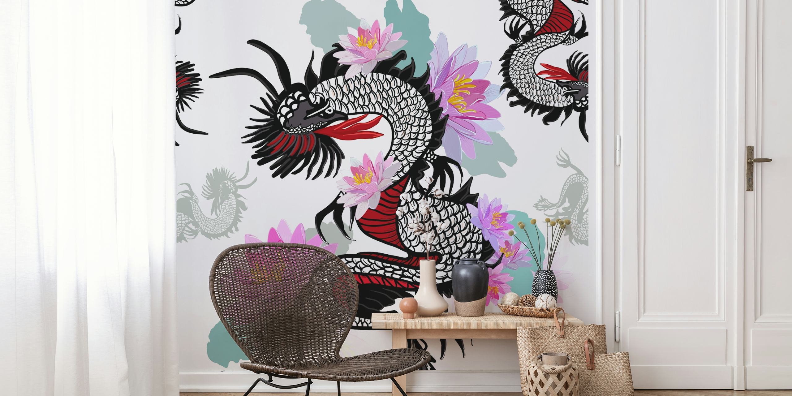 Mythical dragon and blooming lotus wall mural design