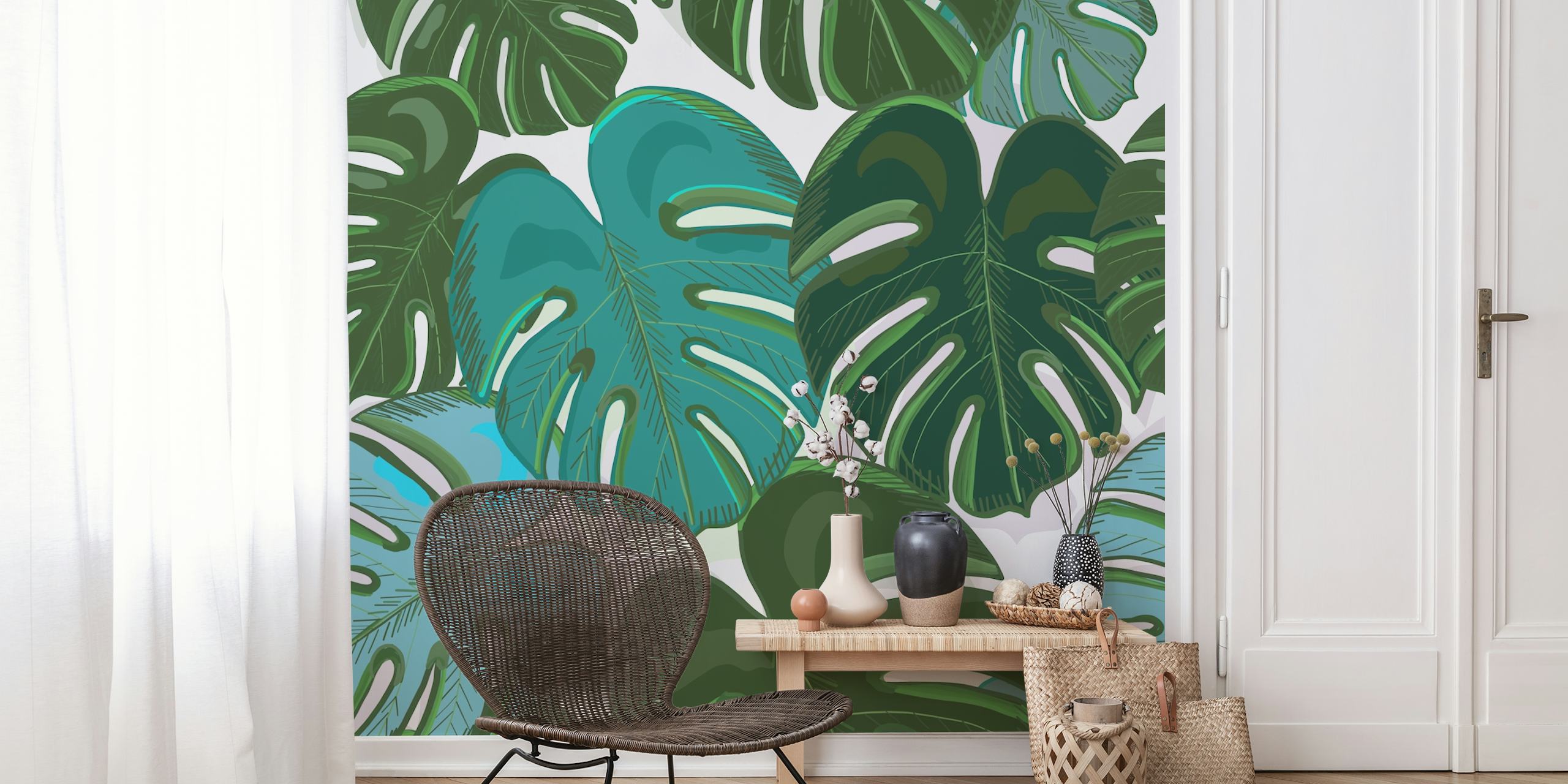Foglie di monstera colorate nei toni del verde e del turchese su un murale