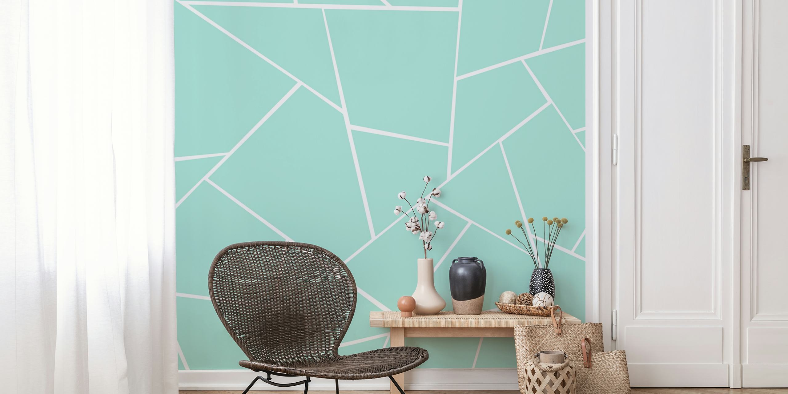 Mint geometric shapes with white lines on wallpaper
