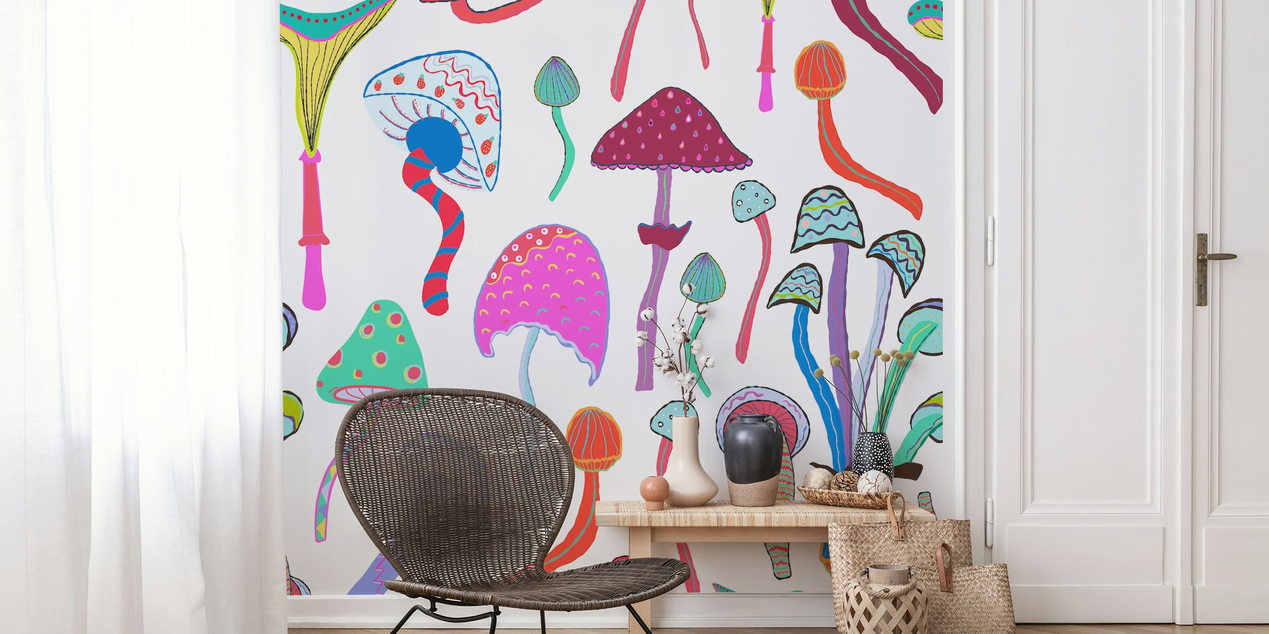 Colorful mushrooms in various shapes and sizes on white background wallpaper