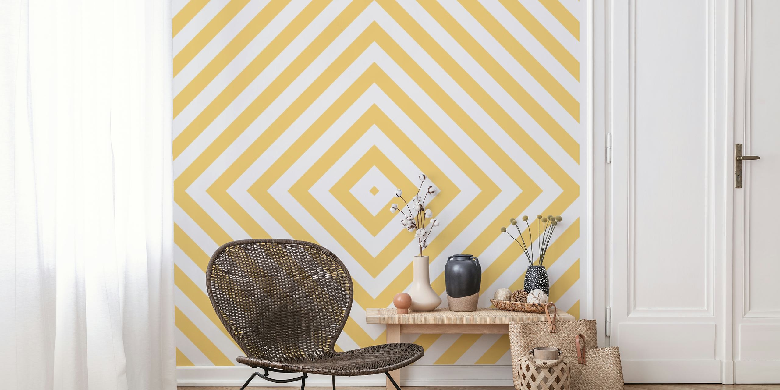 Geometric white yellow squares wallpaper in a room