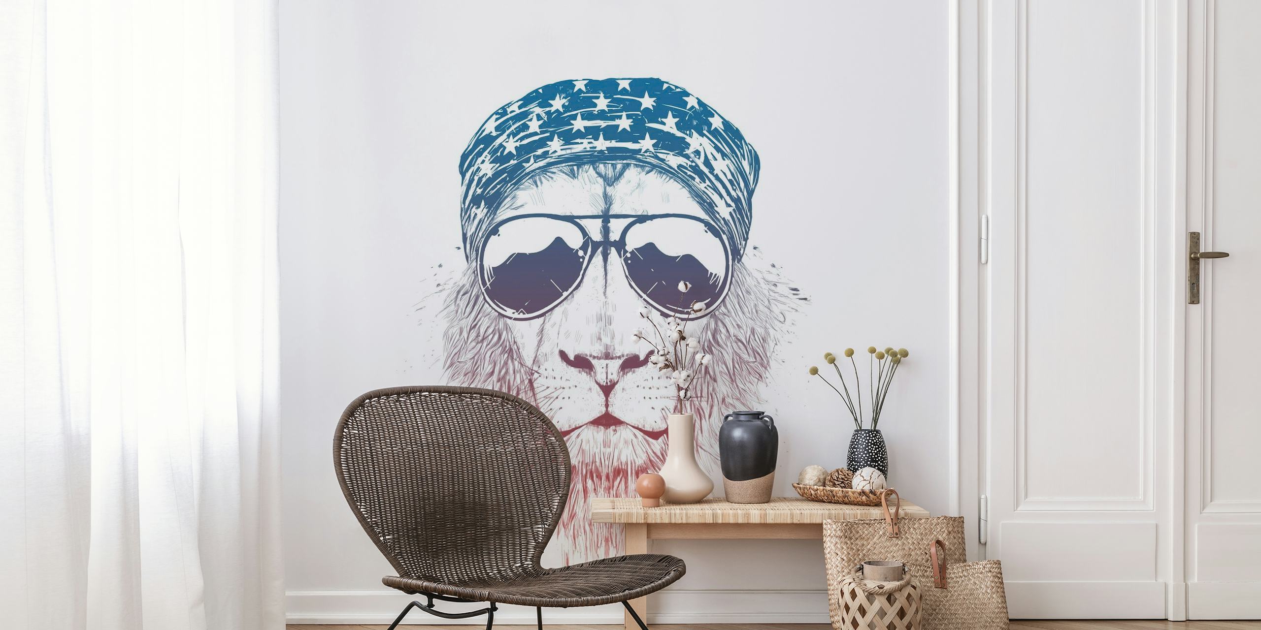 Stilisiertes Wandbild mit wildem Löwen, modernen grafischen Elementen und coolem Auftreten
