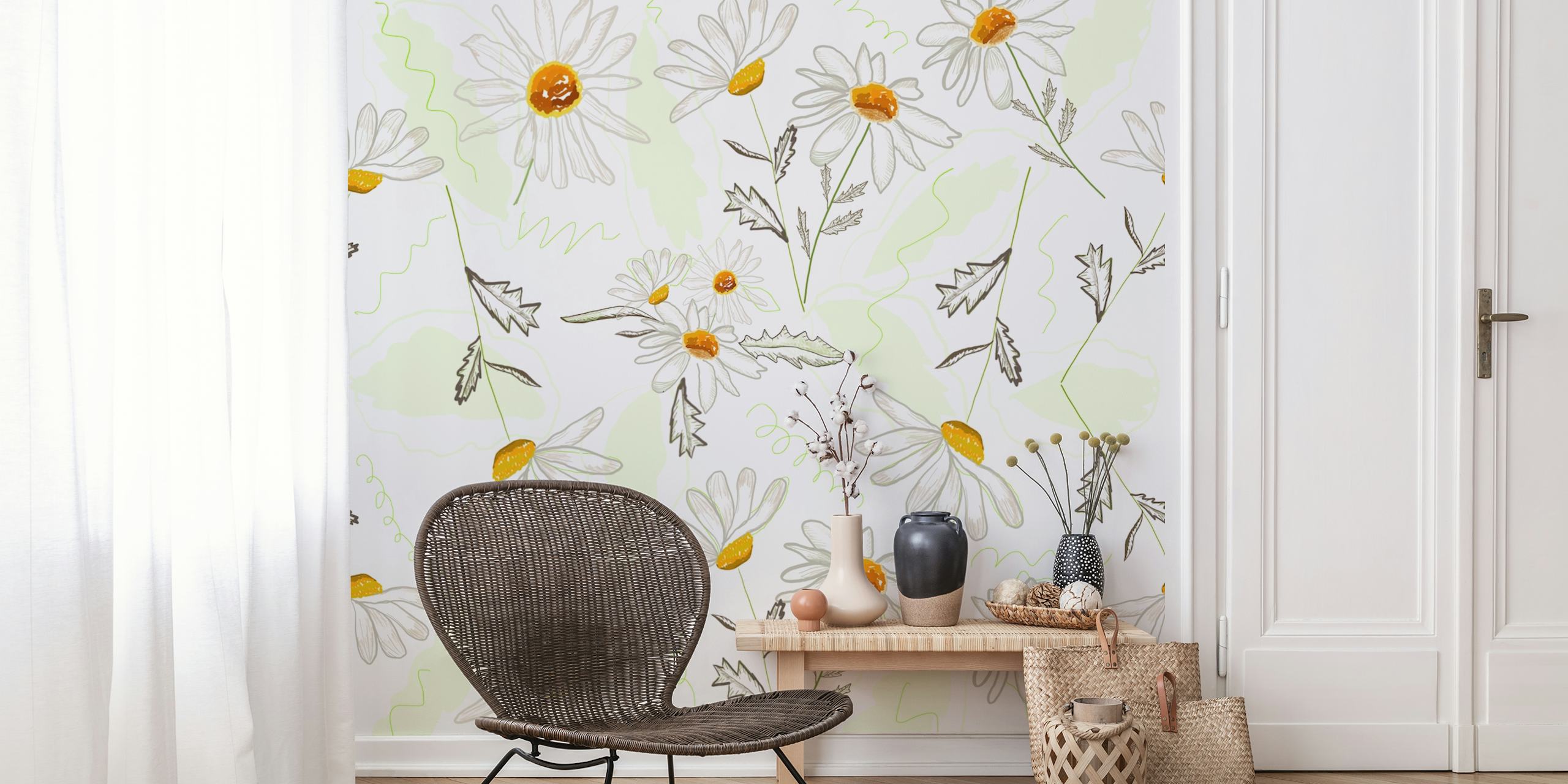 White daisies with yellow centers and green accents wallpaper