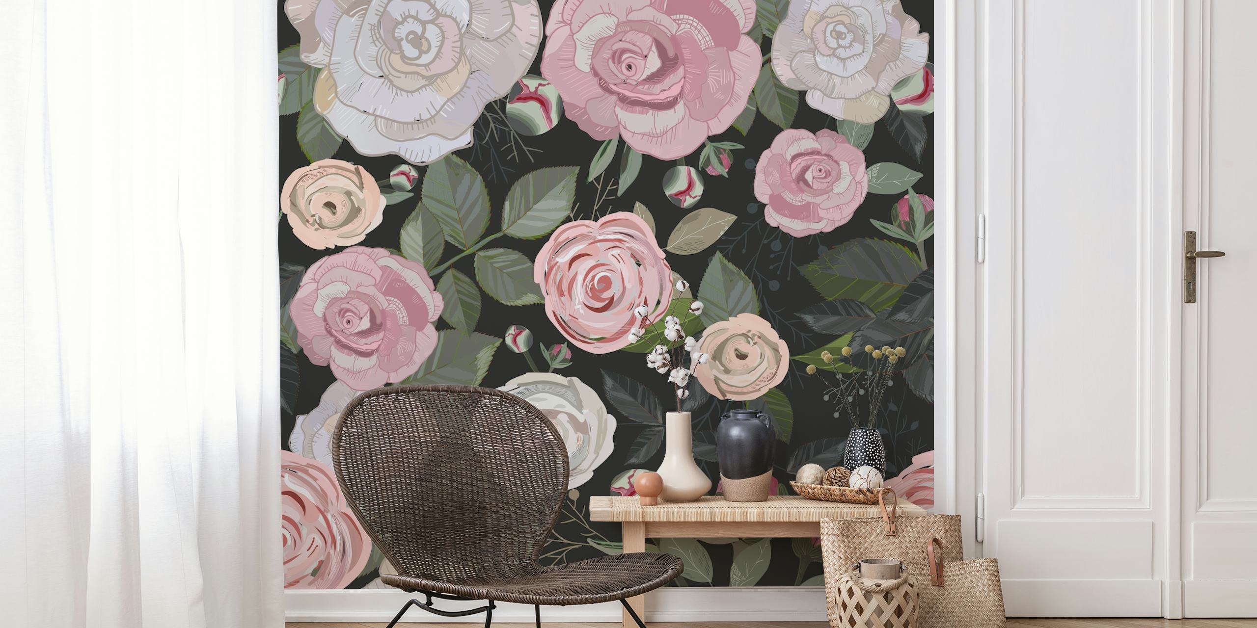 Peony and roses black Tapete in einem Raum