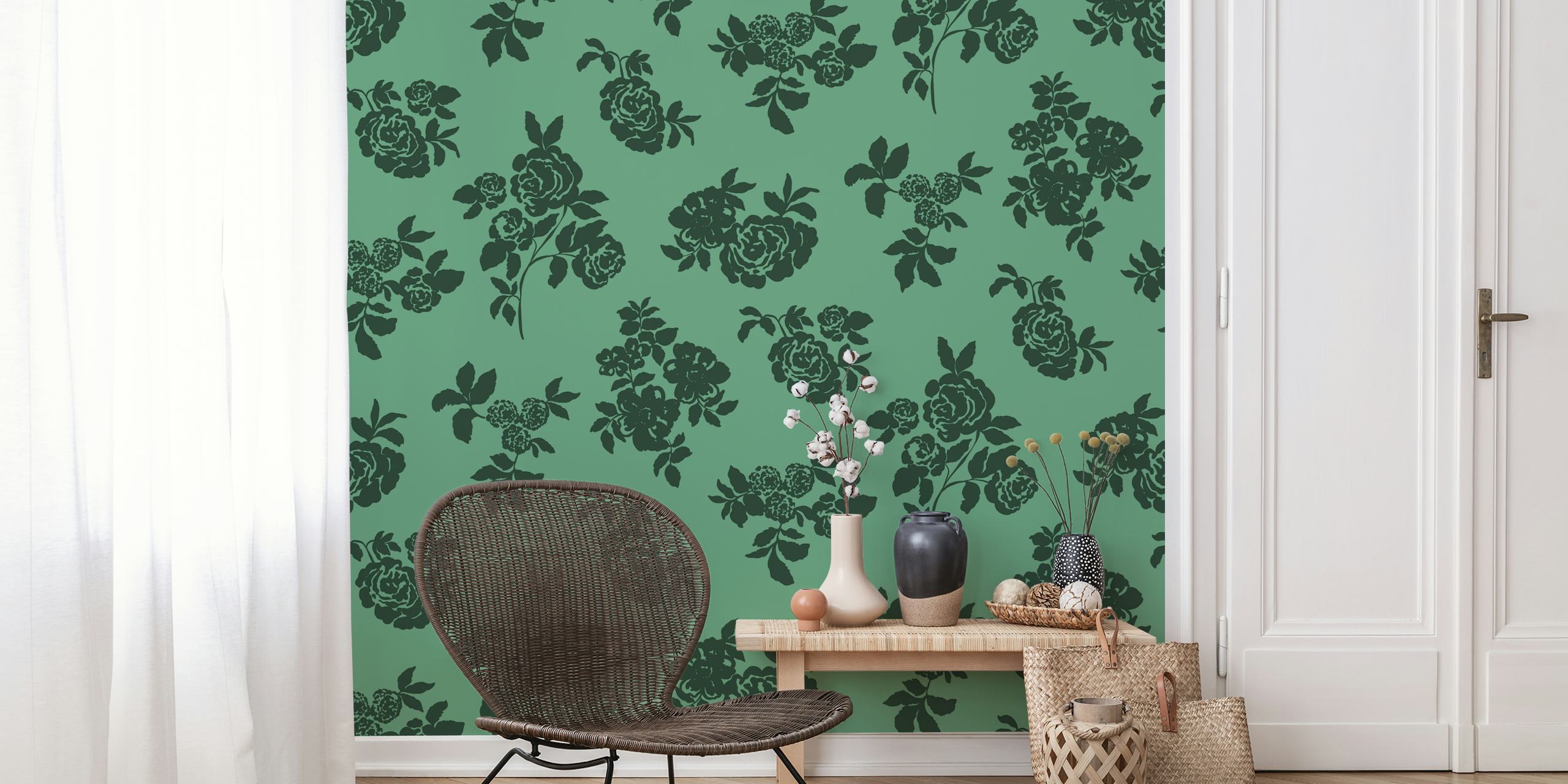 Vintage green floral wallpaper with dark flowers and leaves