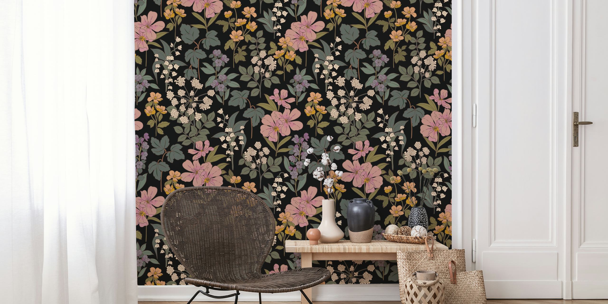 Multicolor floral pattern with pink and yellow flowers on black wallpaper