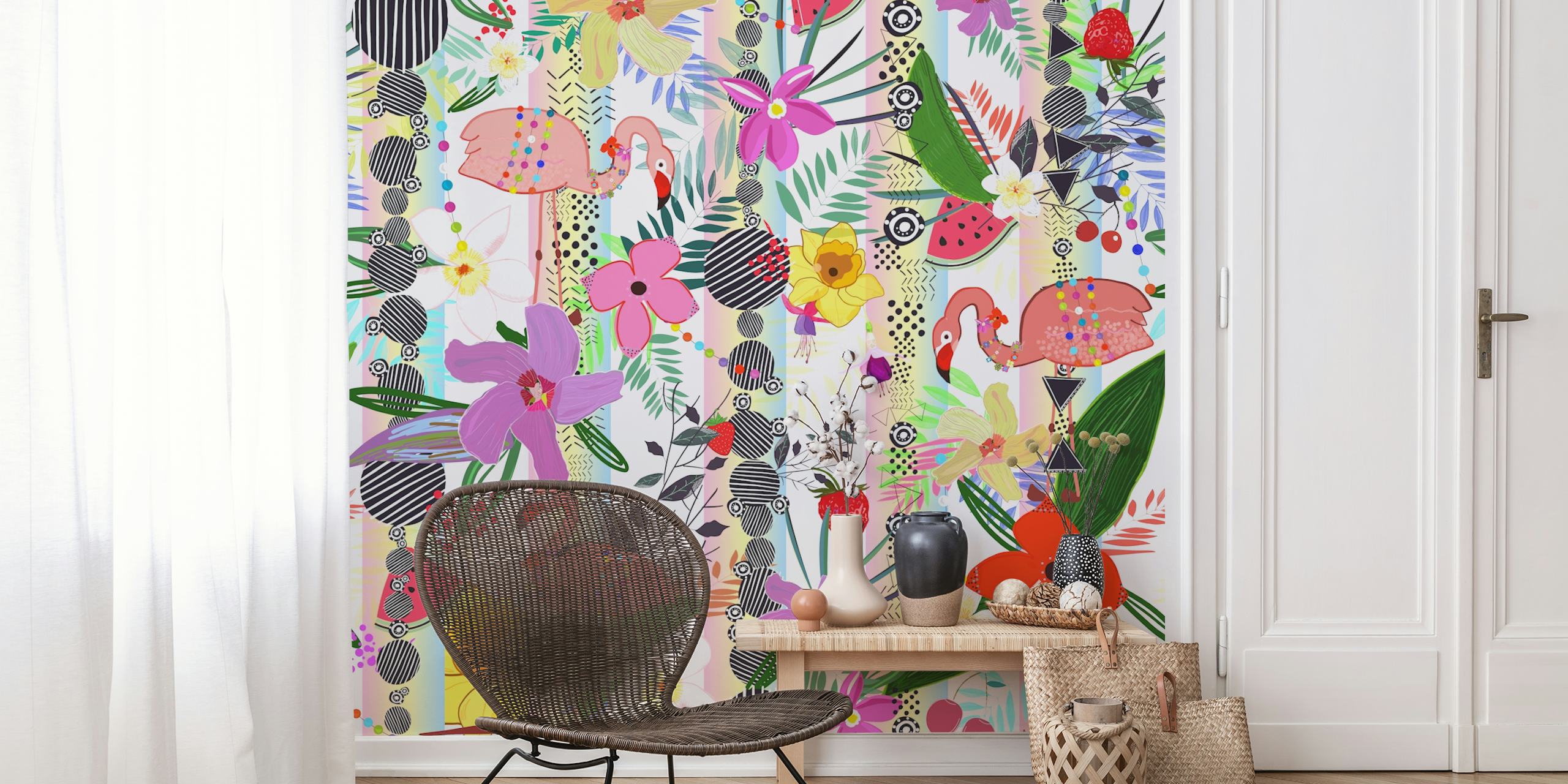 Tropical flamingo and floral pattern with vibrant colors wallpaper