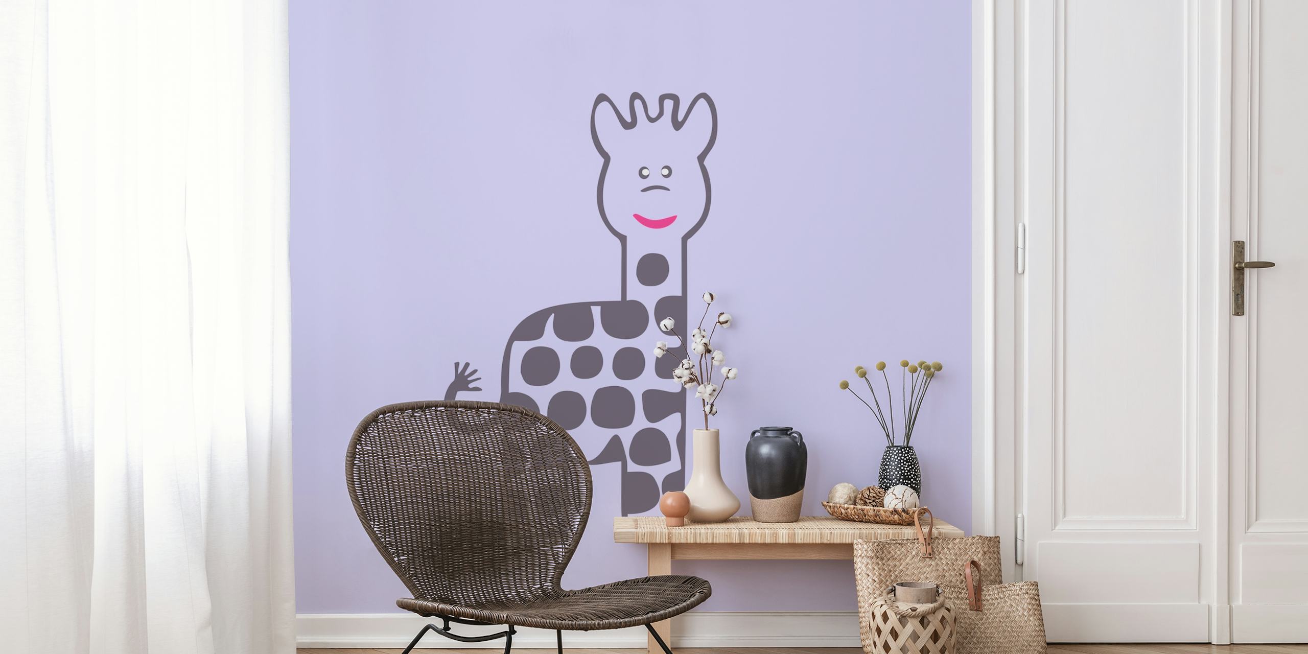 Cartoon giraffe with pink accents on a pastel violet background wallpaper