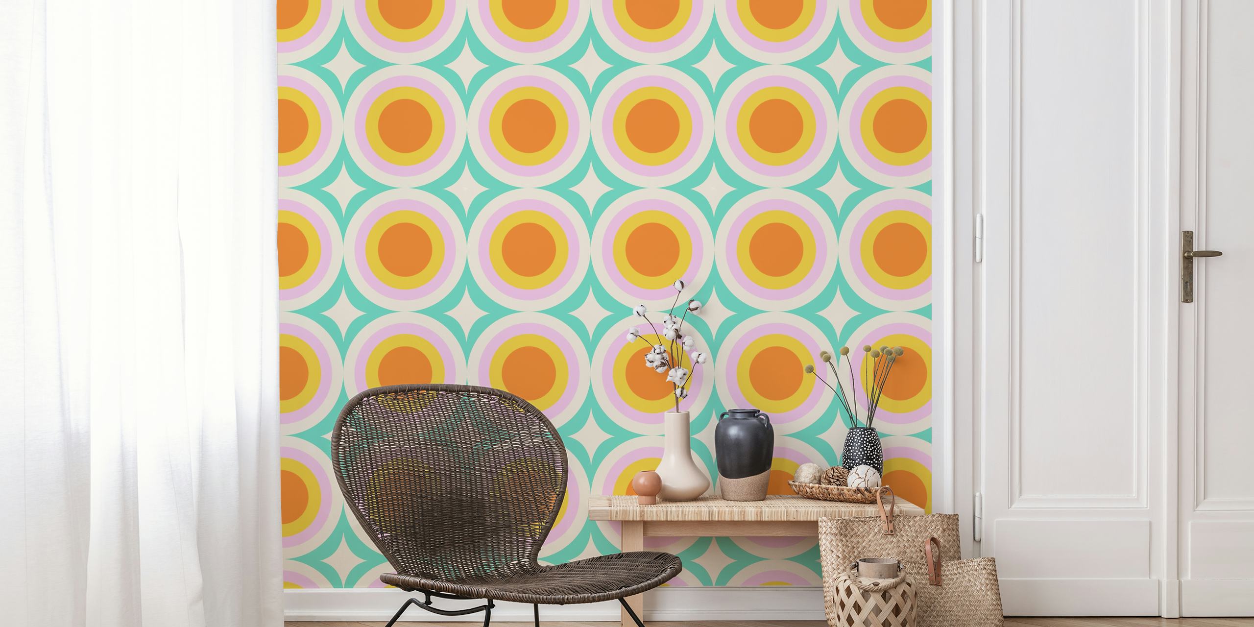 Retro geometric pattern with orange and aqua dots wallpaper