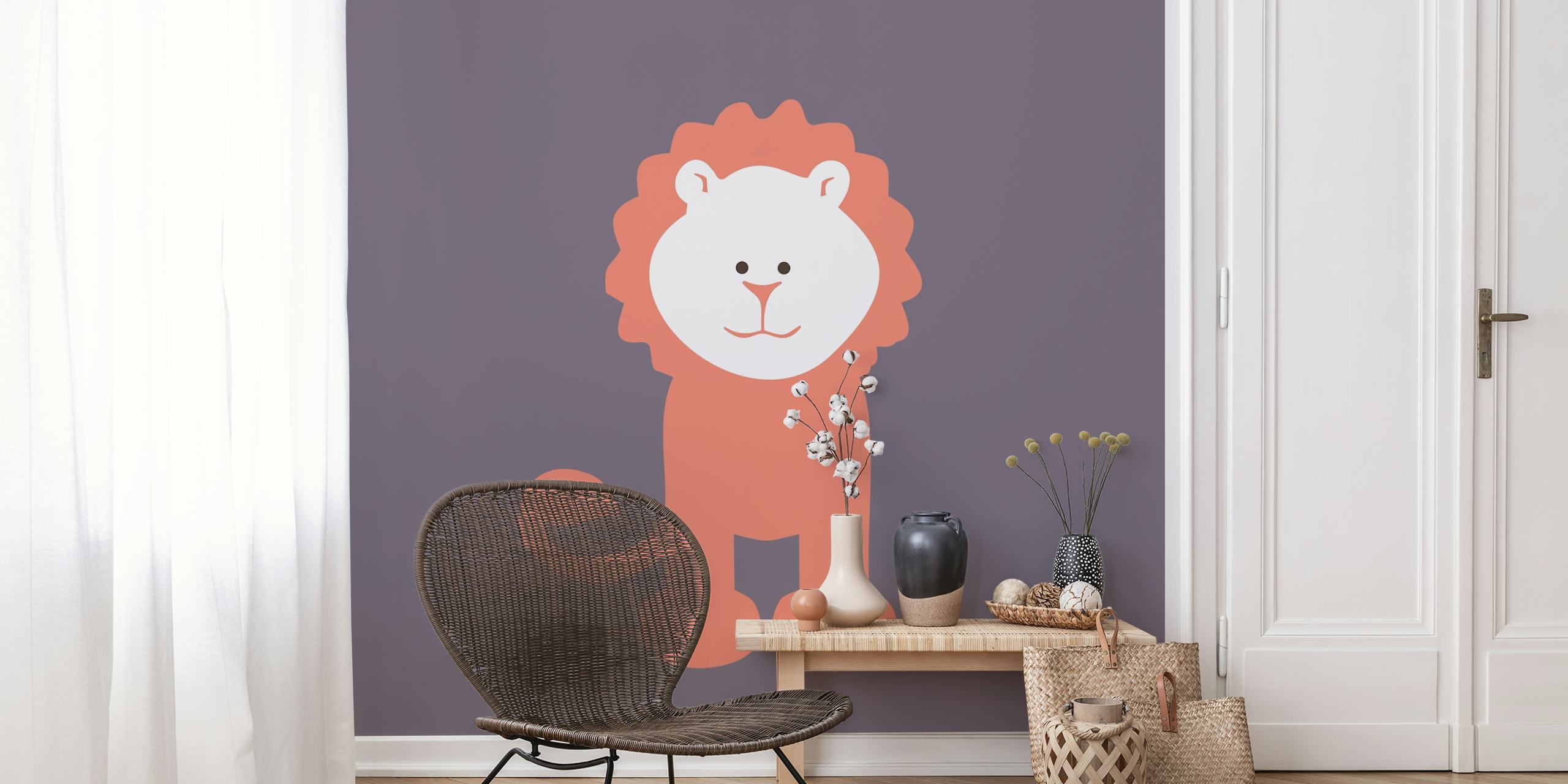 Stylized cartoon lion wall mural in plum, rust, and orange