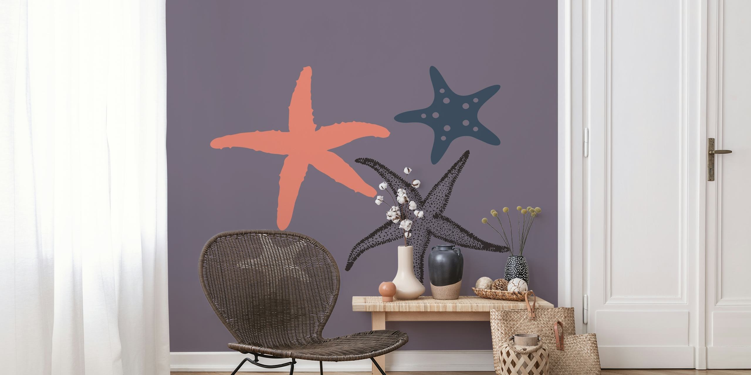 Starfish pattern in plum, coral, and navy on purple wallpaper