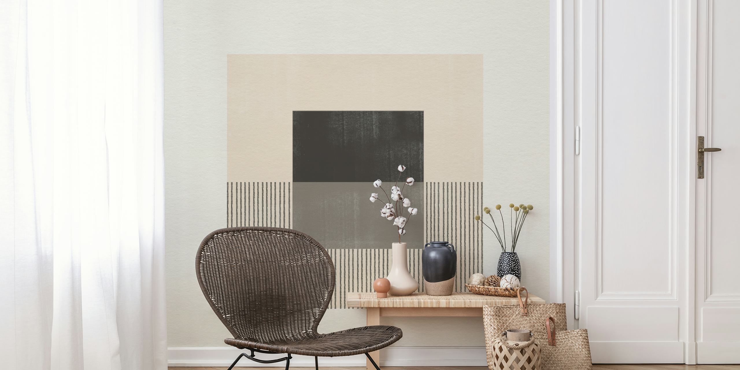 Japandi moderne compositie muurschildering met minimalistische schone lijnen en neutrale tinten