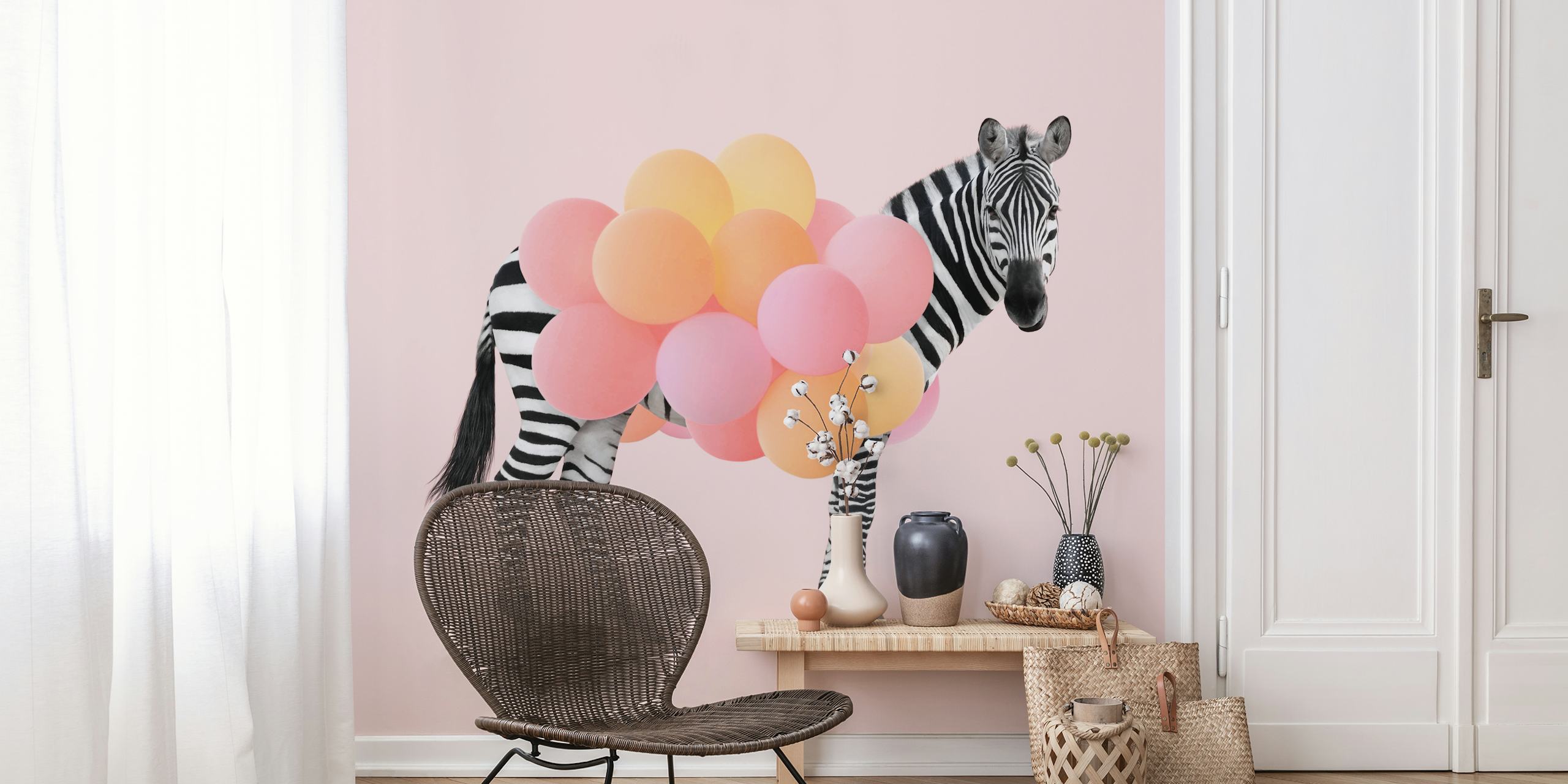 Zebra Party med färgglada ballonger på rosa bakgrund
