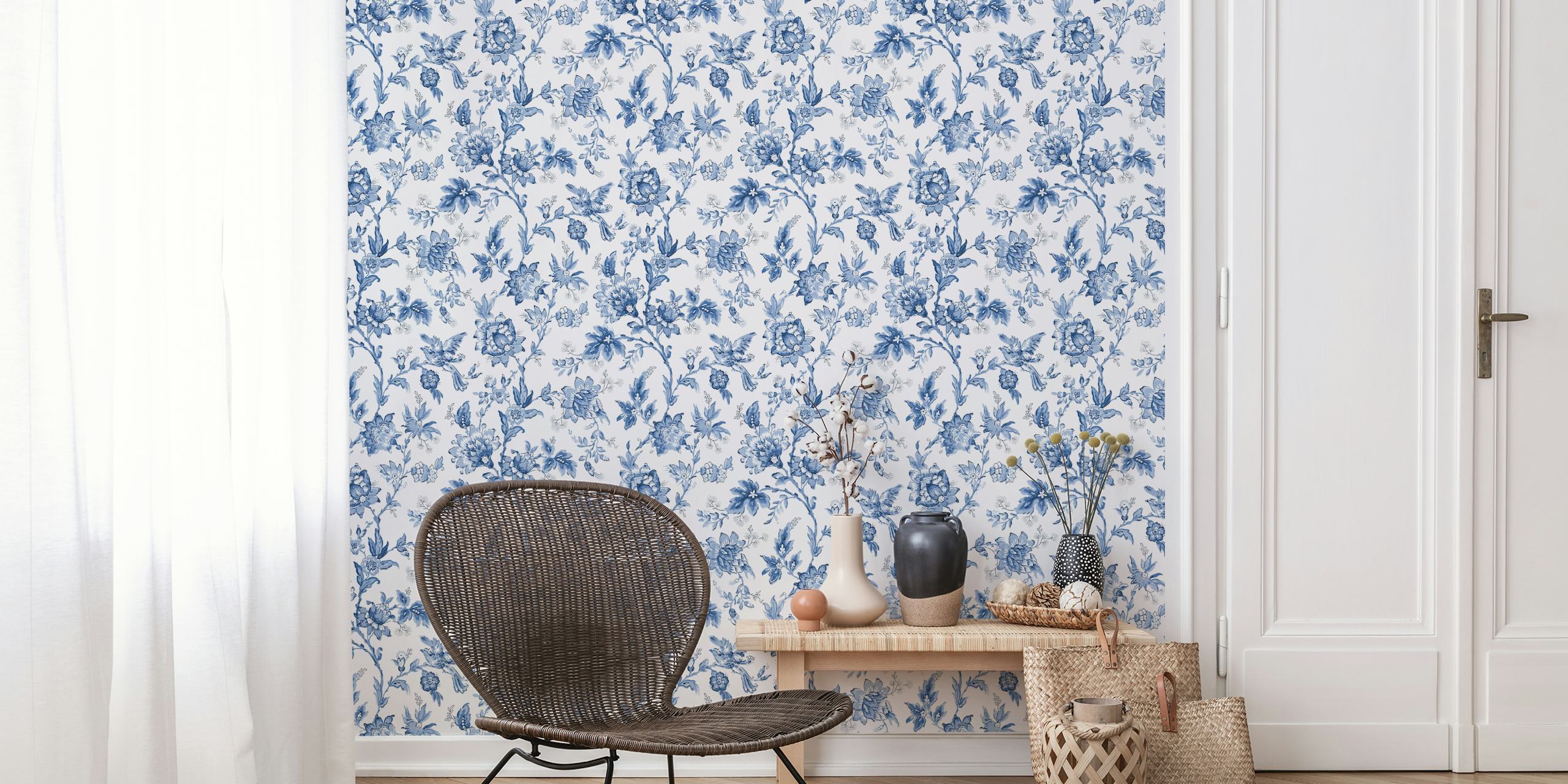 Elegant vintage blue and white floral wallpaper mural