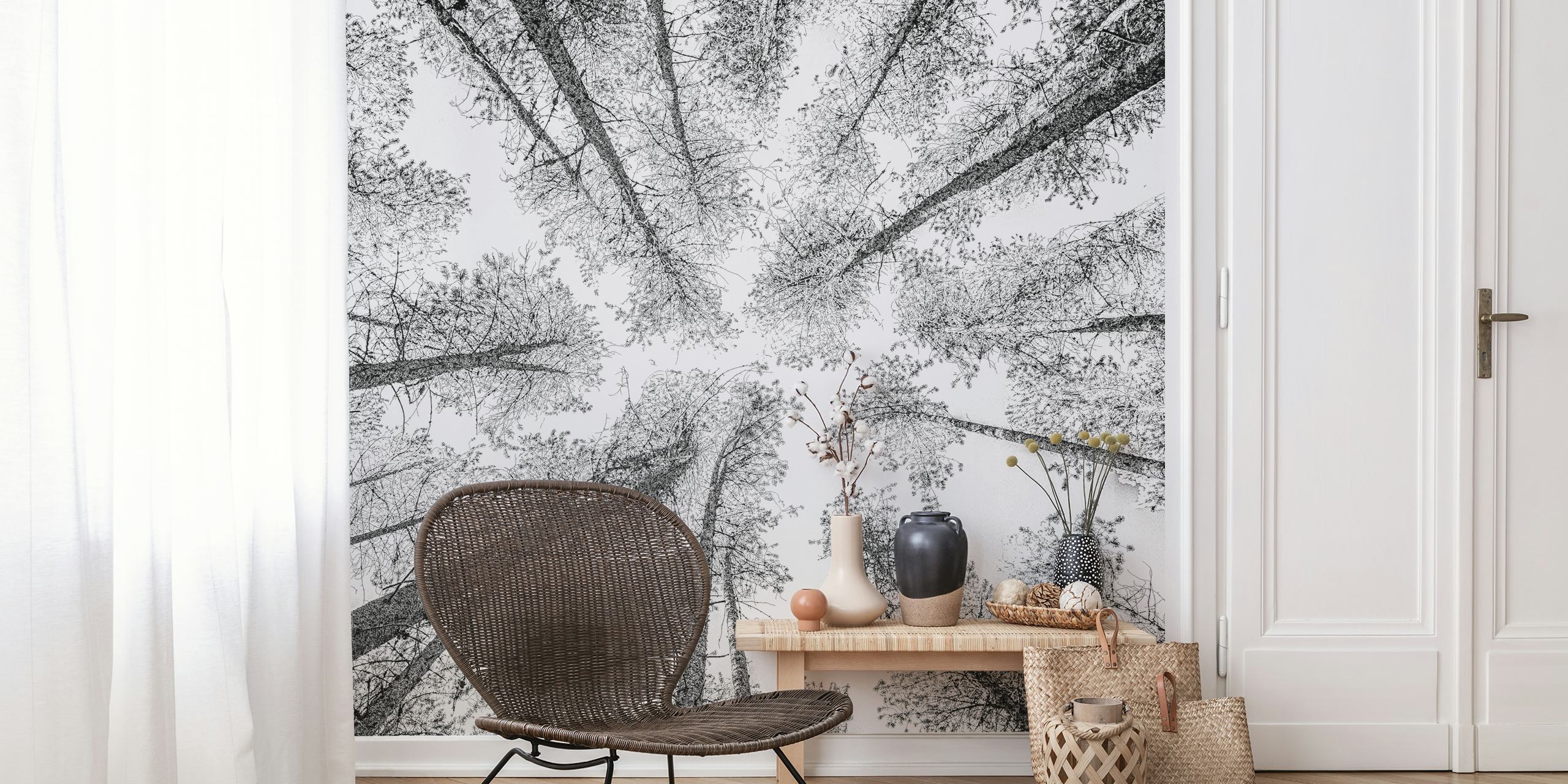 Upward view of a forest canopy wall mural in an etching style.