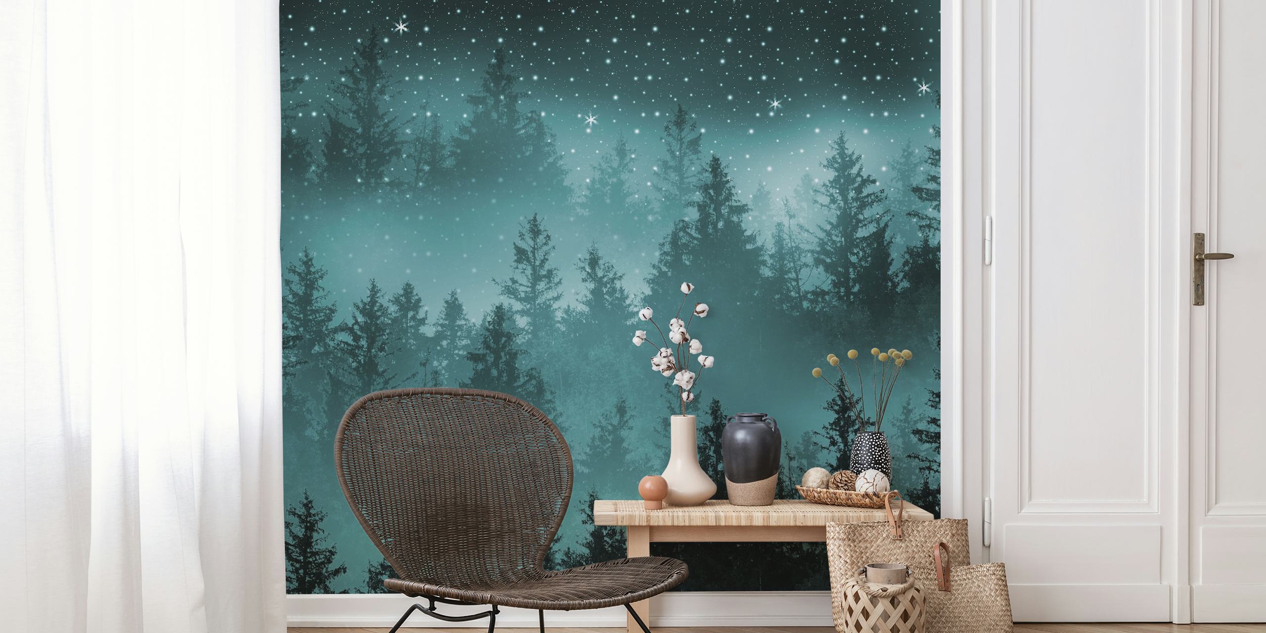 Teal Forest Galaxy Dream tapet i ett rum