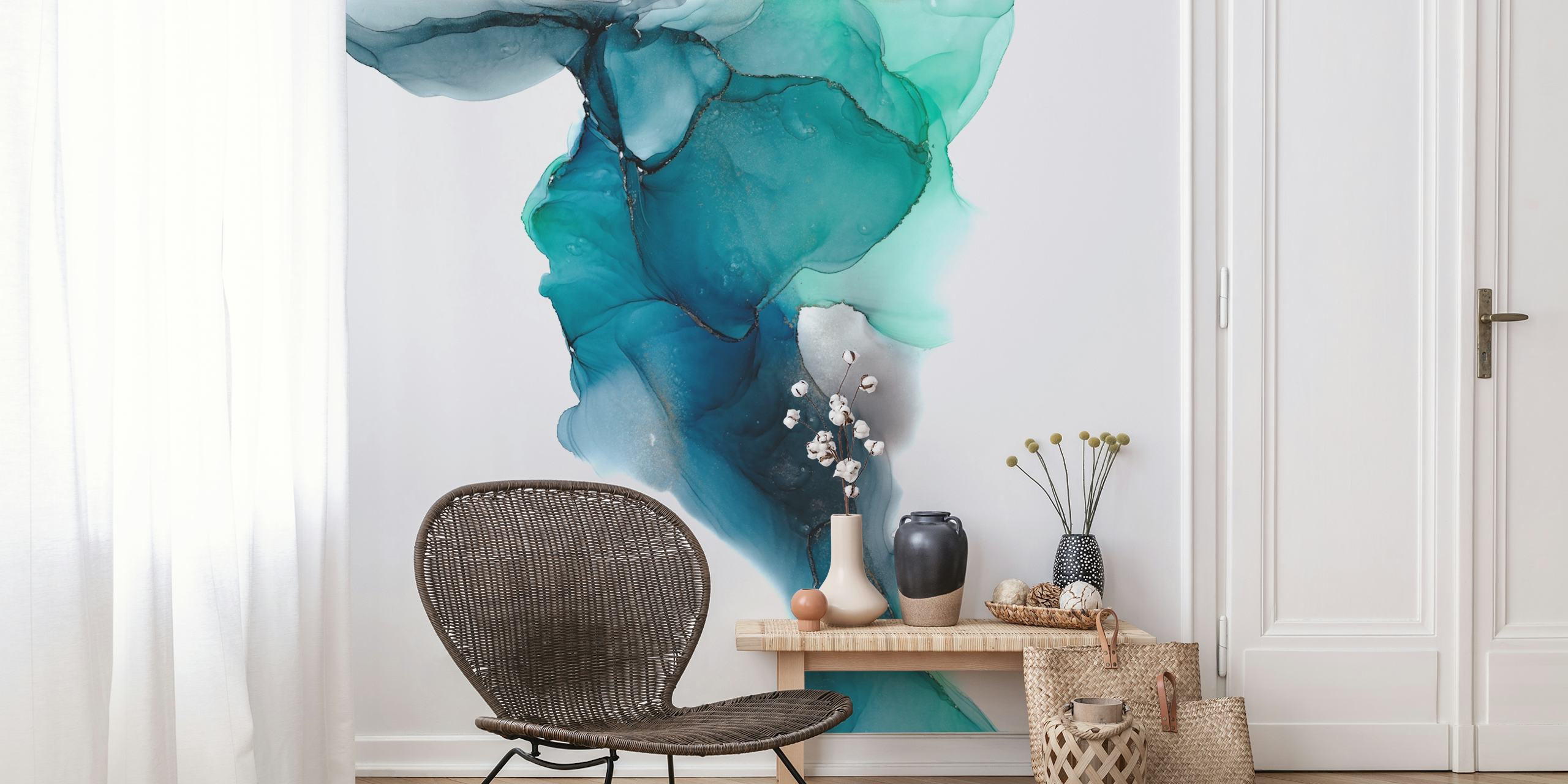 Mural de pared abstracto inspirado en el océano con colores fluidos turquesa y verde