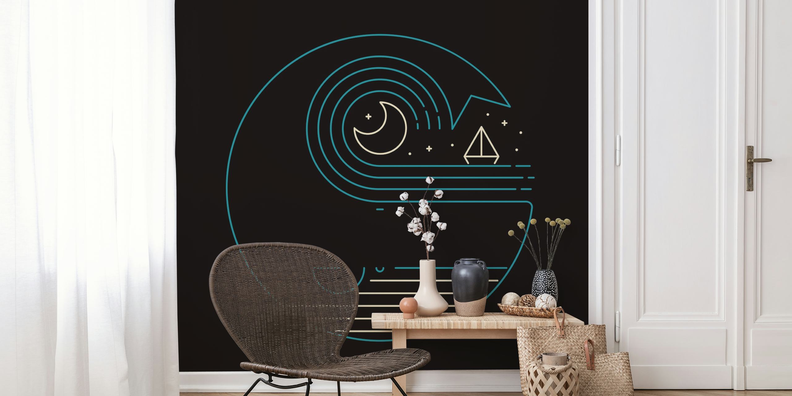 Stylized moon and nature wall mural for modern decor