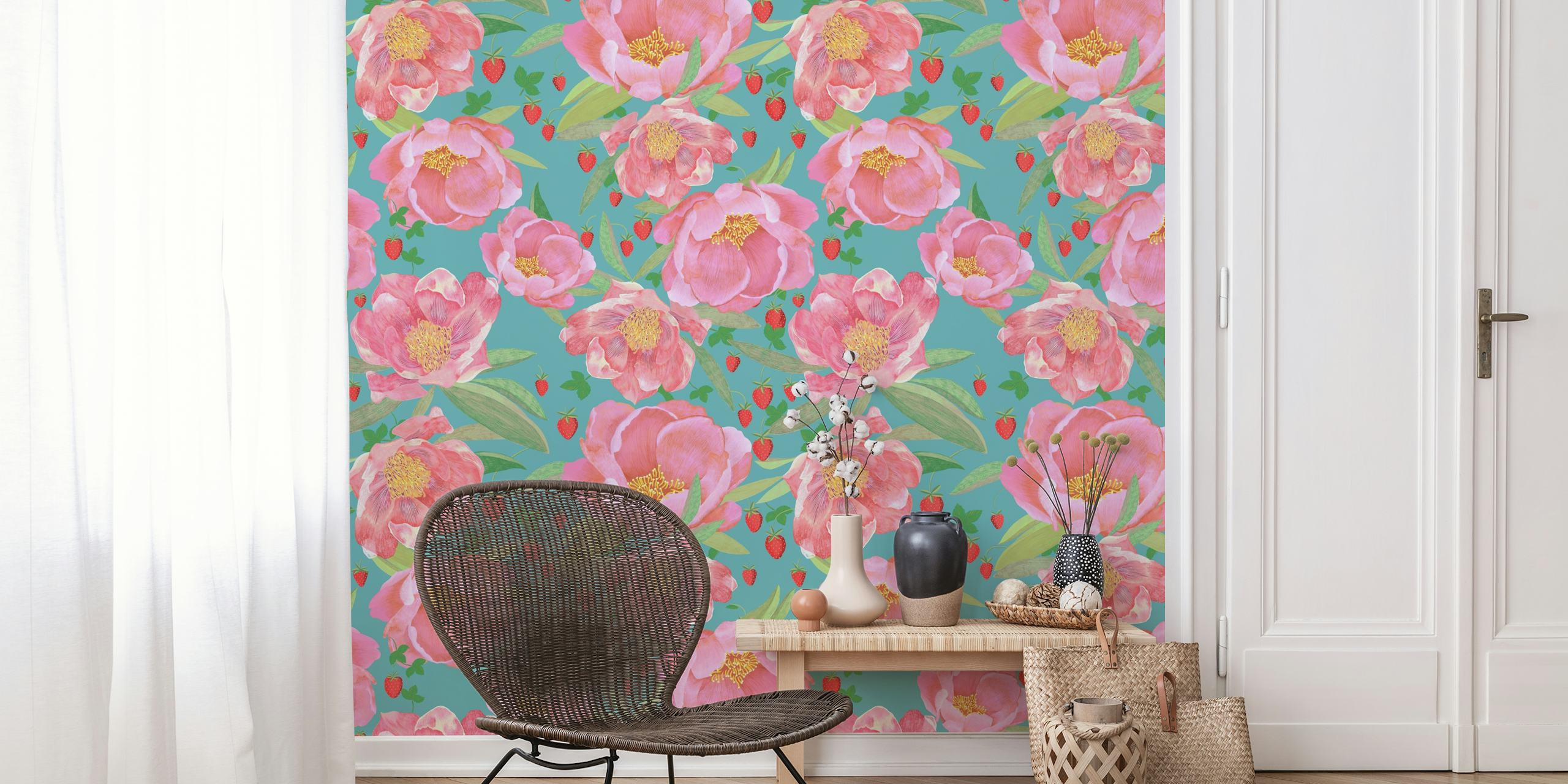 Pink peonies and red strawberries on teal background wallpaper
