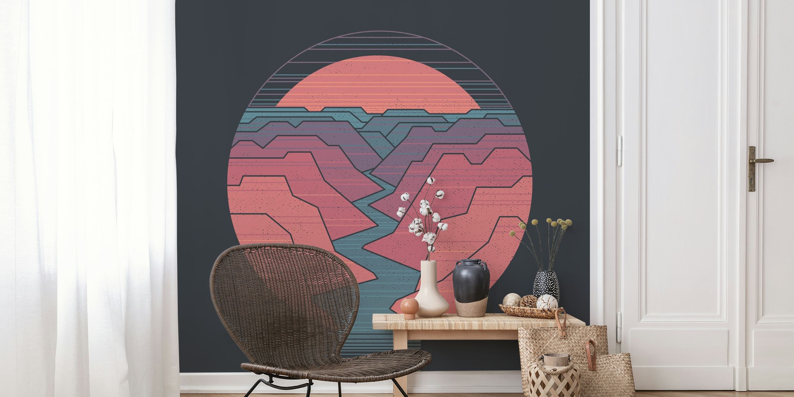 Canyon River artwork featuring pastel layered mountains and a river wall mural