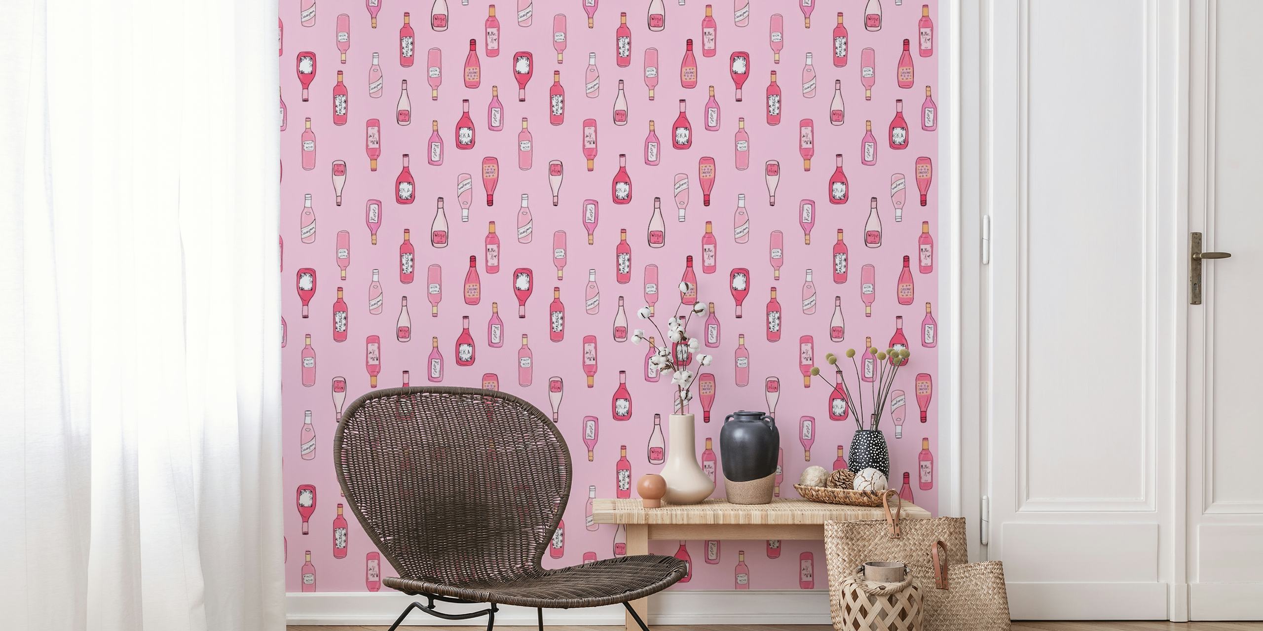 Pink wall mural with stylized wine bottles and roses pattern