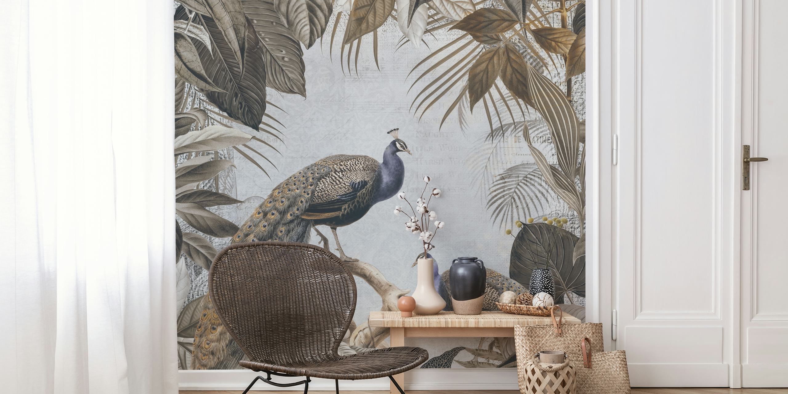 Paons colorés parmi des feuilles tropicales beige et vertes wallpaper