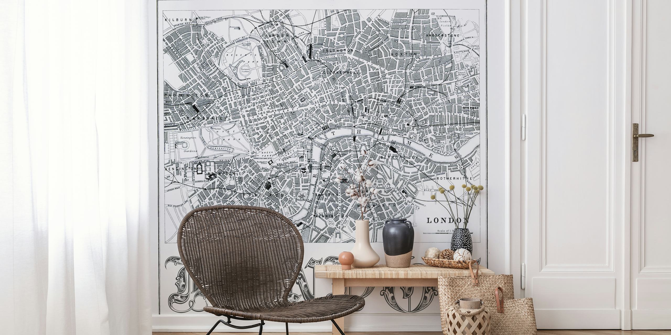 Historic street map of London in black and white wallpaper