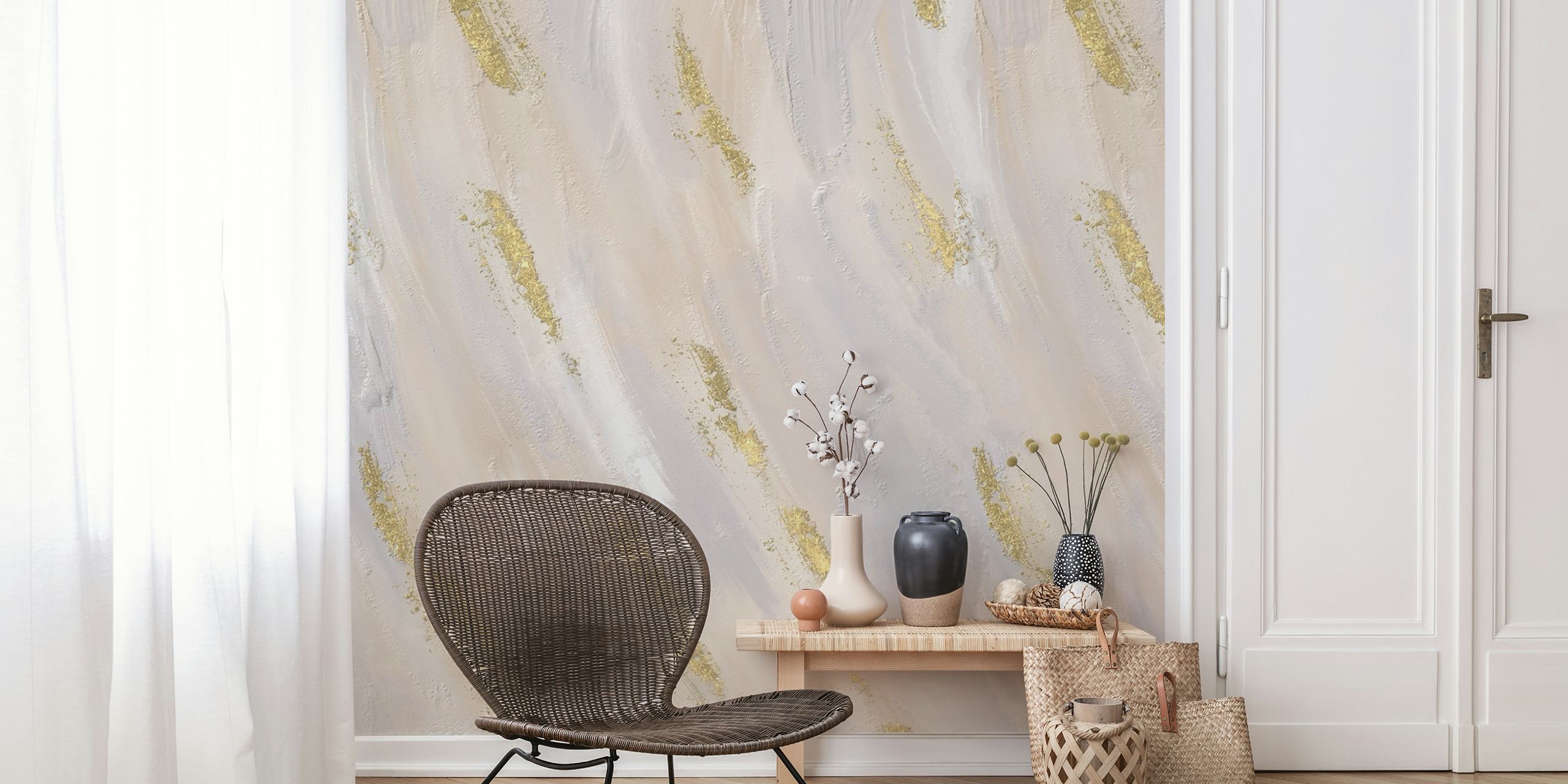 Abstract neutral wall mural with gold streaks adding a touch of luxury and elegance.