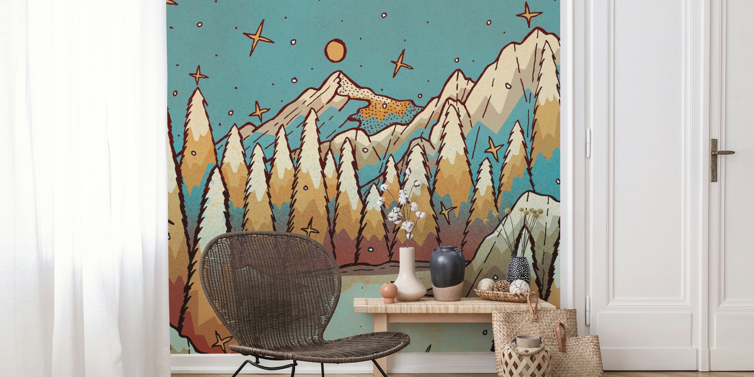 Stylized winter landscape wallpaper with gold trees and blue mountains