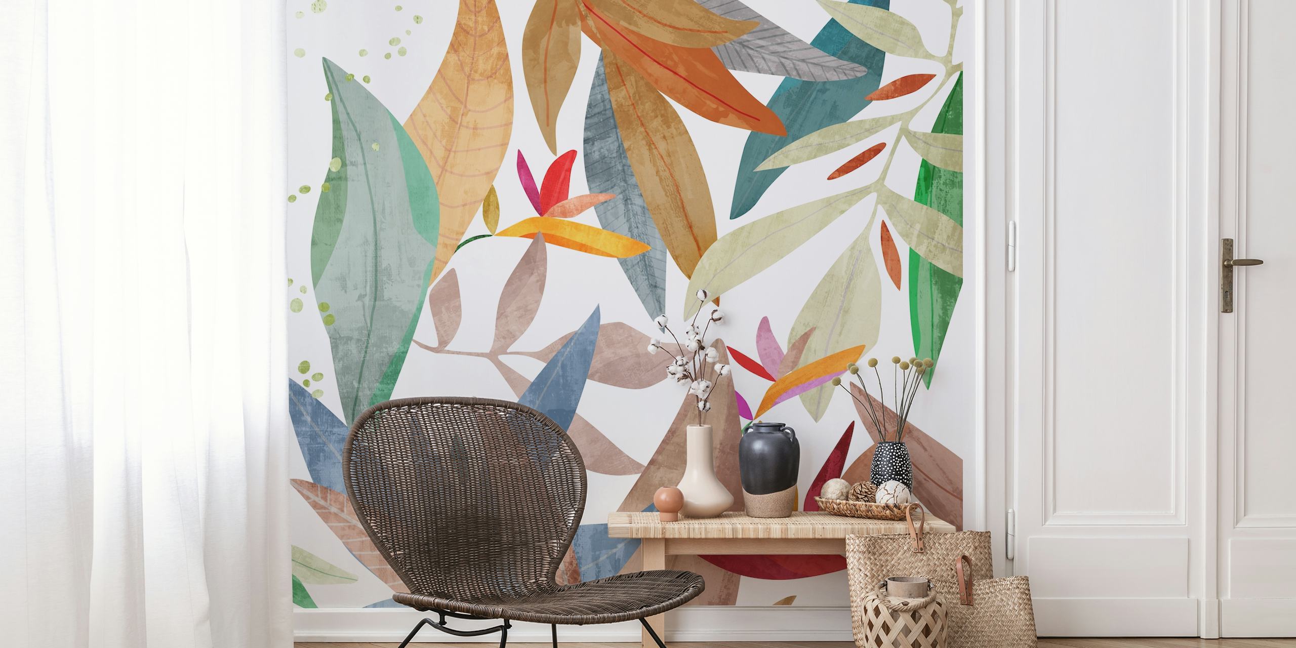 Colorful tropical leaves in various shapes and sizes wallpaper
