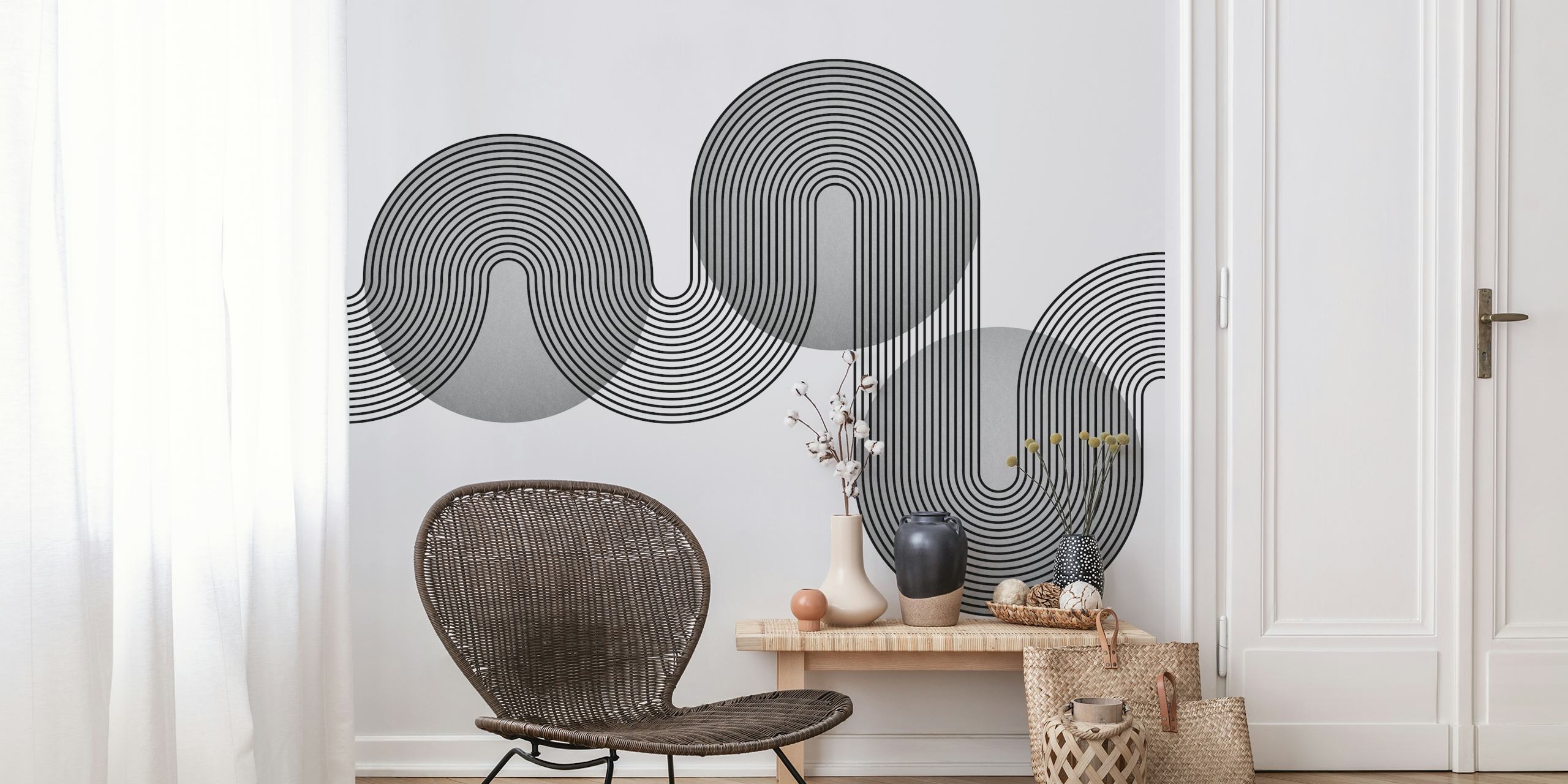 Schwarz-weiße geometrische Tapete mit geschwungenen Linien und Kreisen