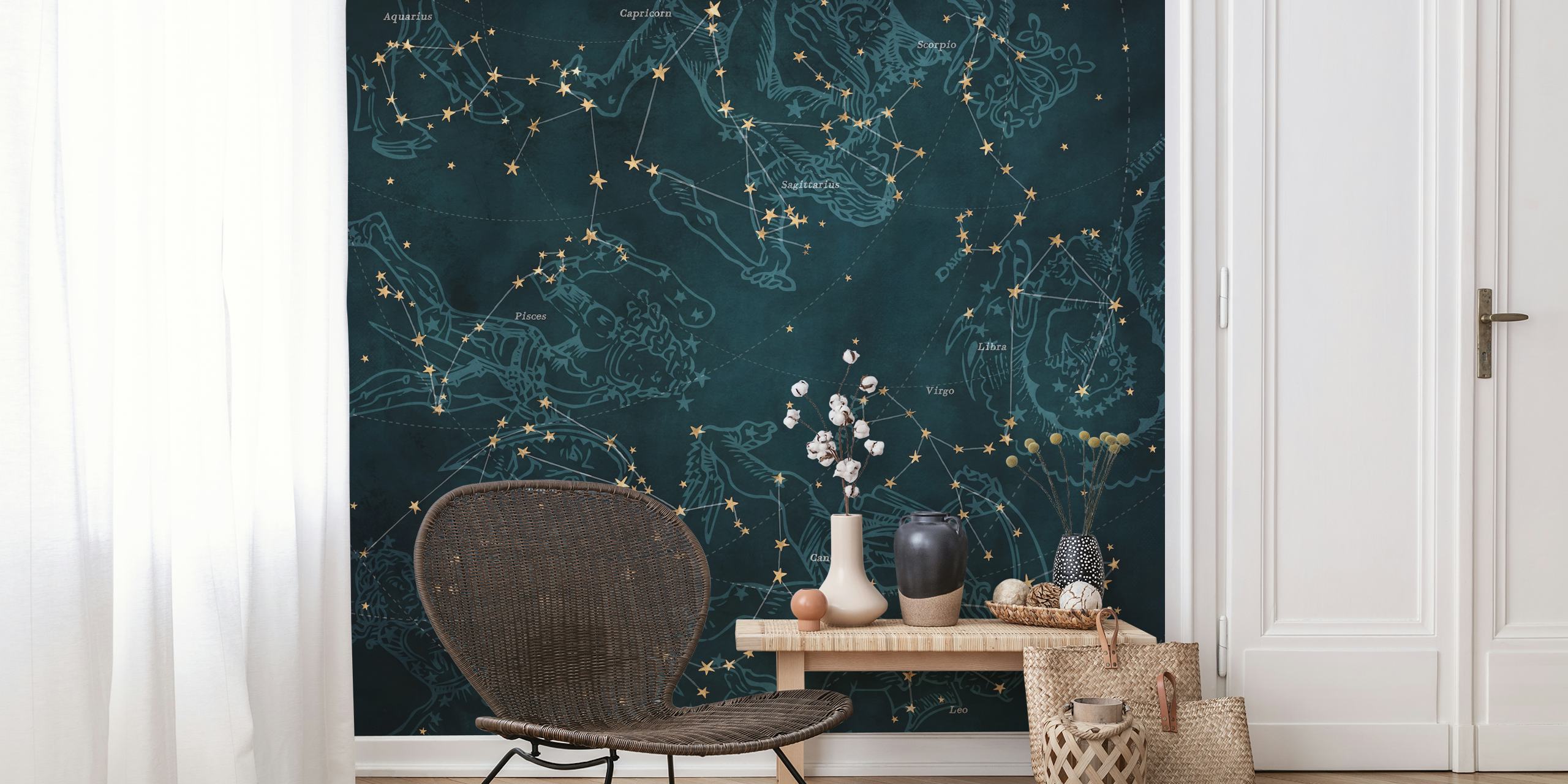 Petrol starry constellation wallpaper with gold outlines in celestial style