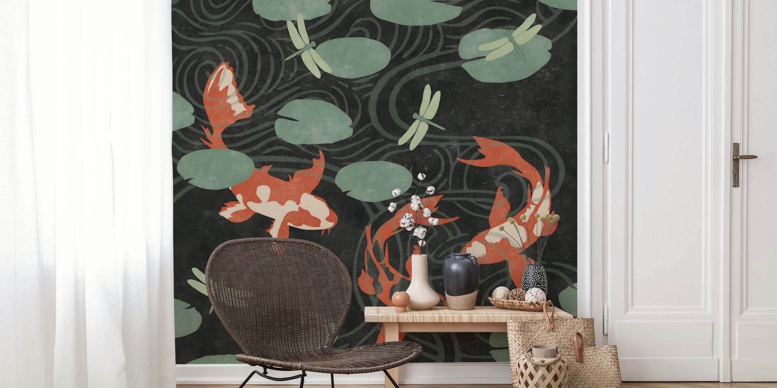 Three koi fish in a dark pond with lily pads wall mural