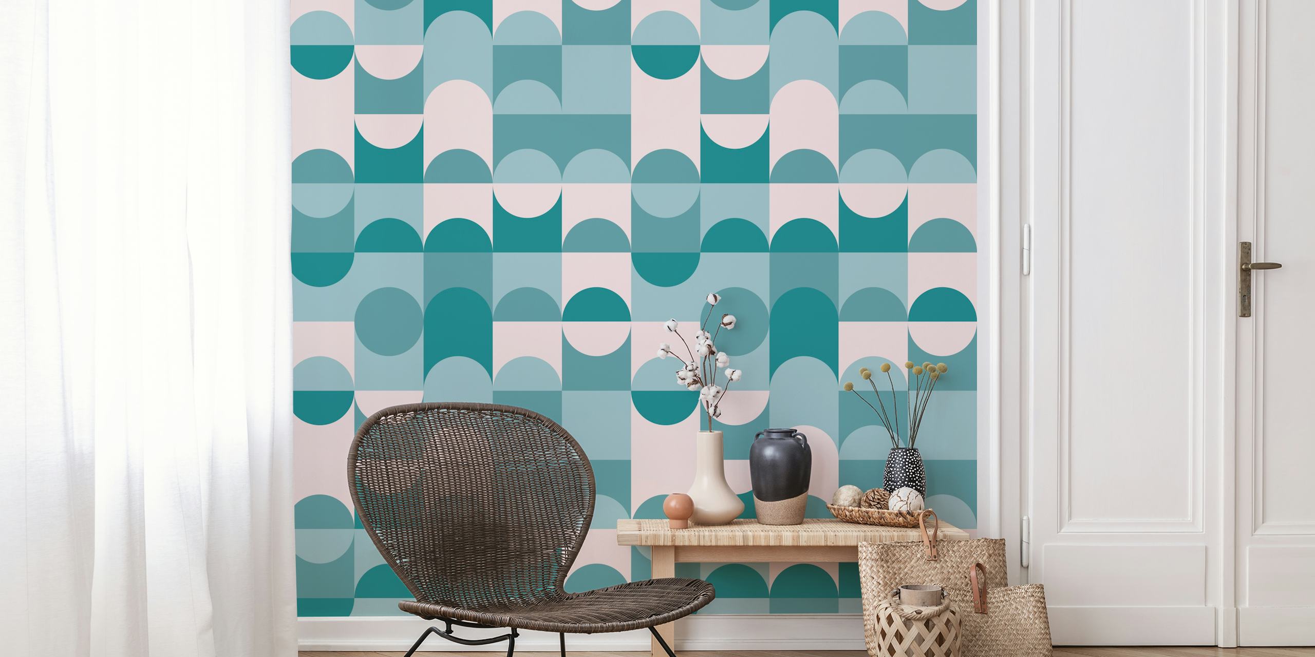 Geometric Retro Shapes Wall Mural in Teal and Beige
