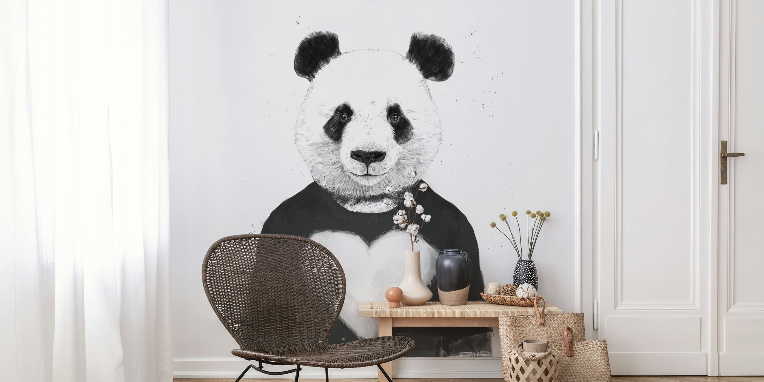 Panda wearing a black shirt with a heart illustration, monochrome wall mural