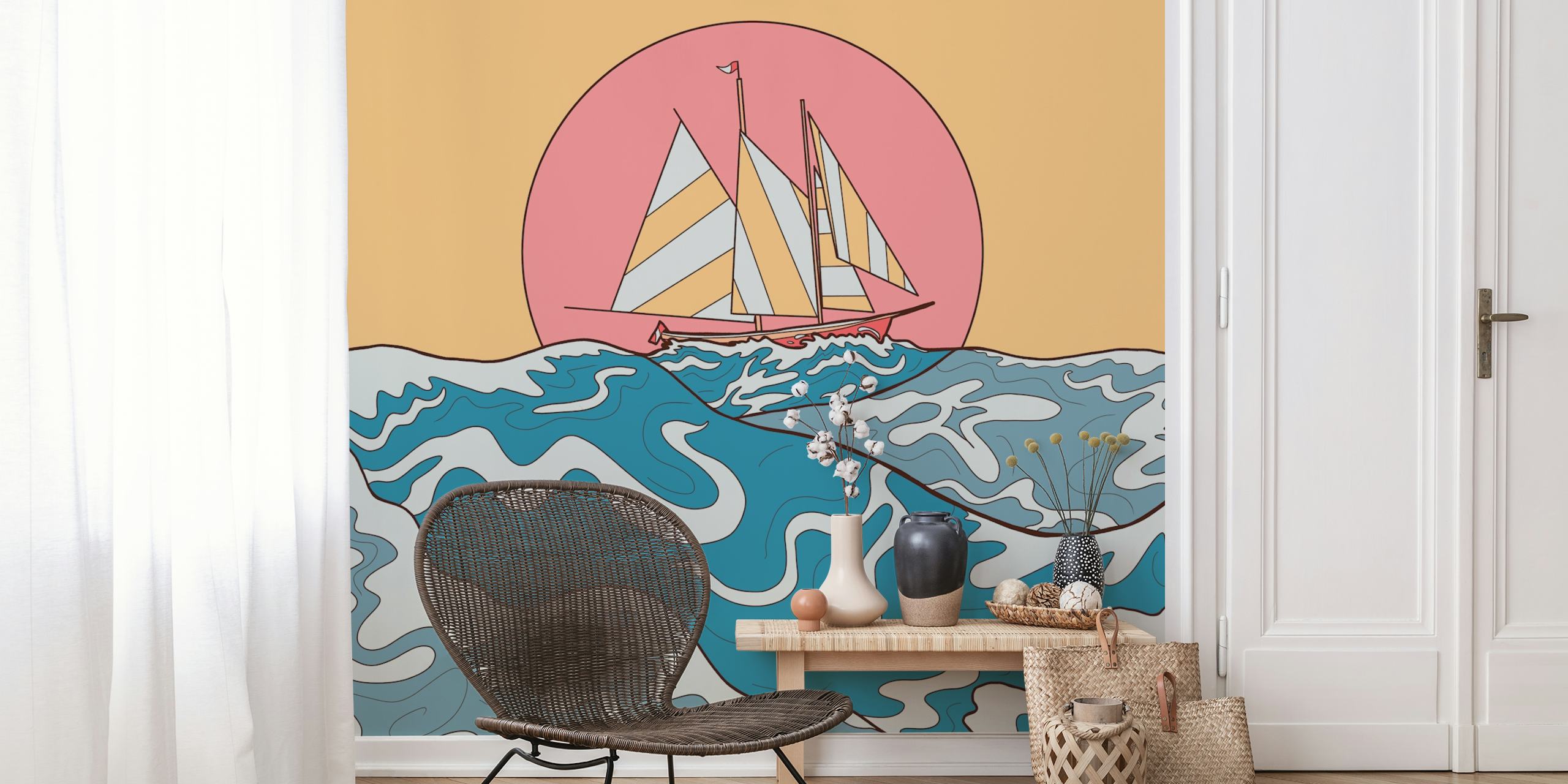 Sailboat on blue waves with pink sun background wallpaper