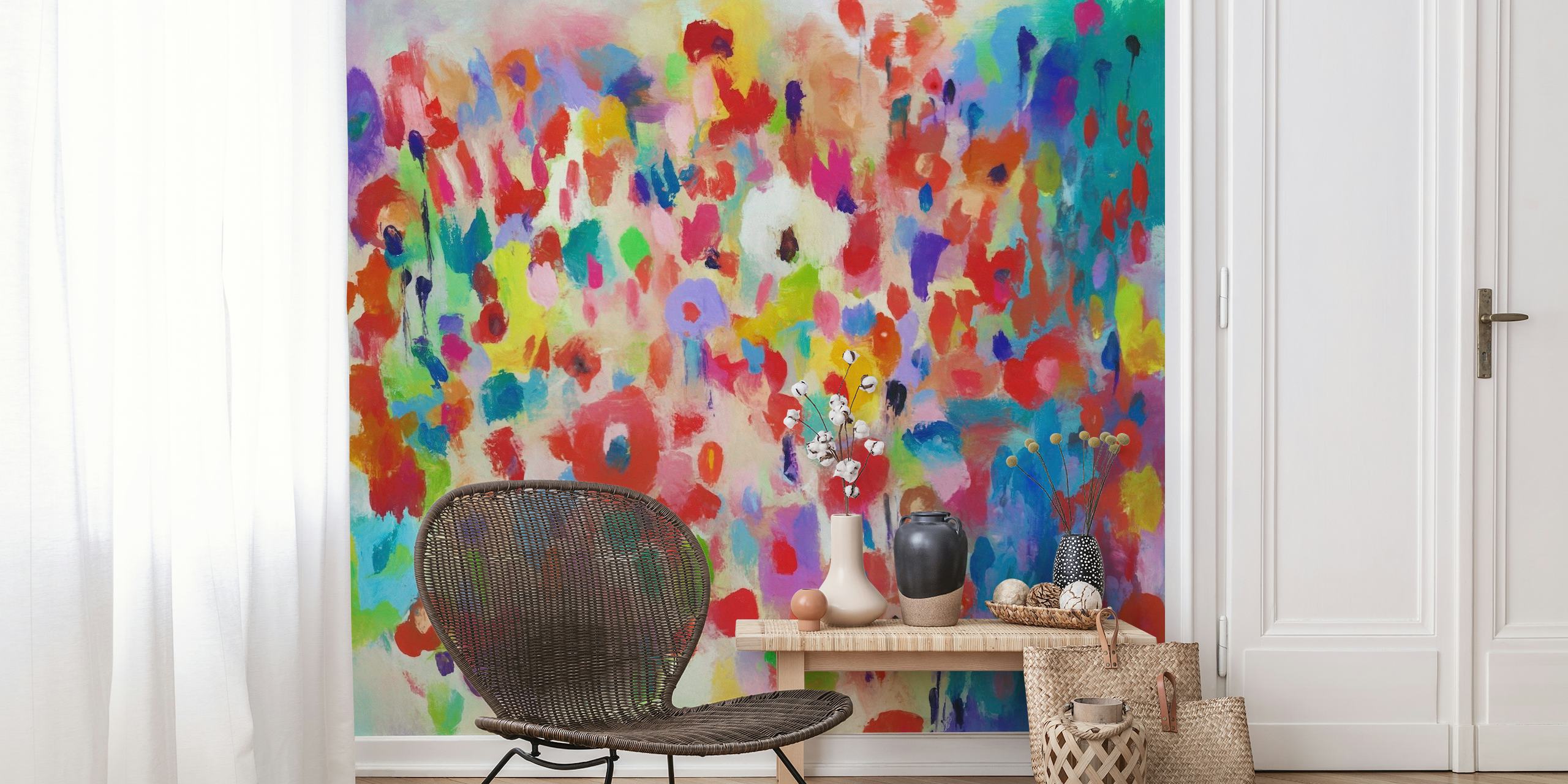 Abstracte lentetuin met kleurrijke aquarelbloemen muurschildering