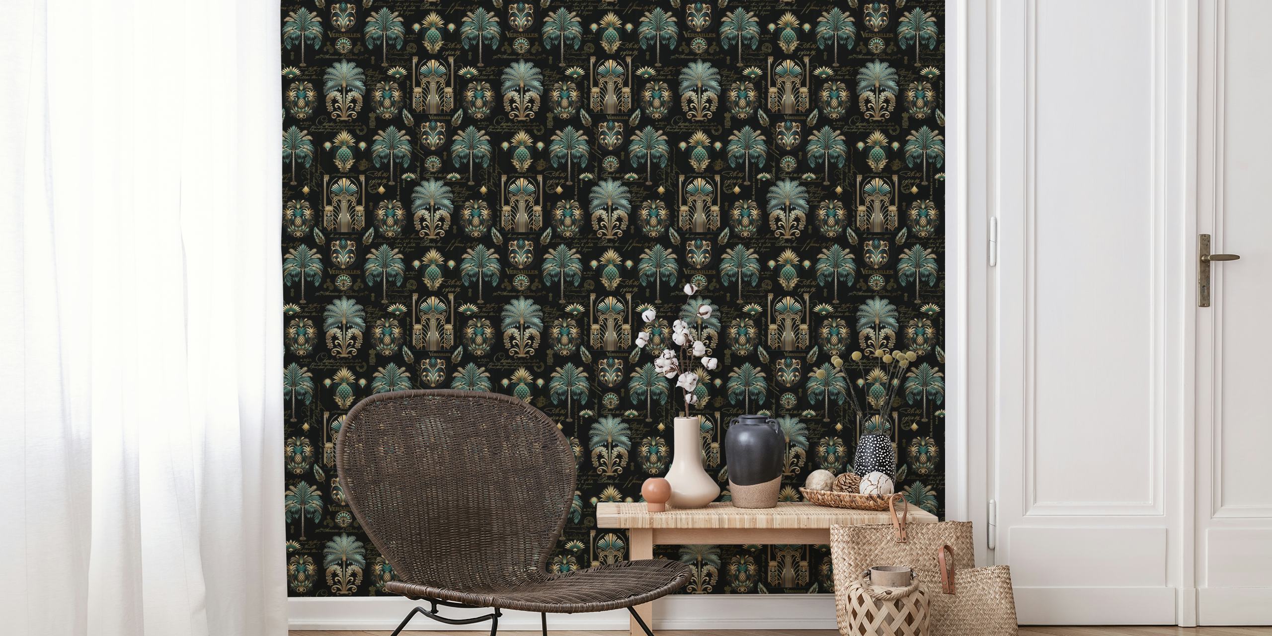 Art Deco palm tree and pineapple wallpaper design
