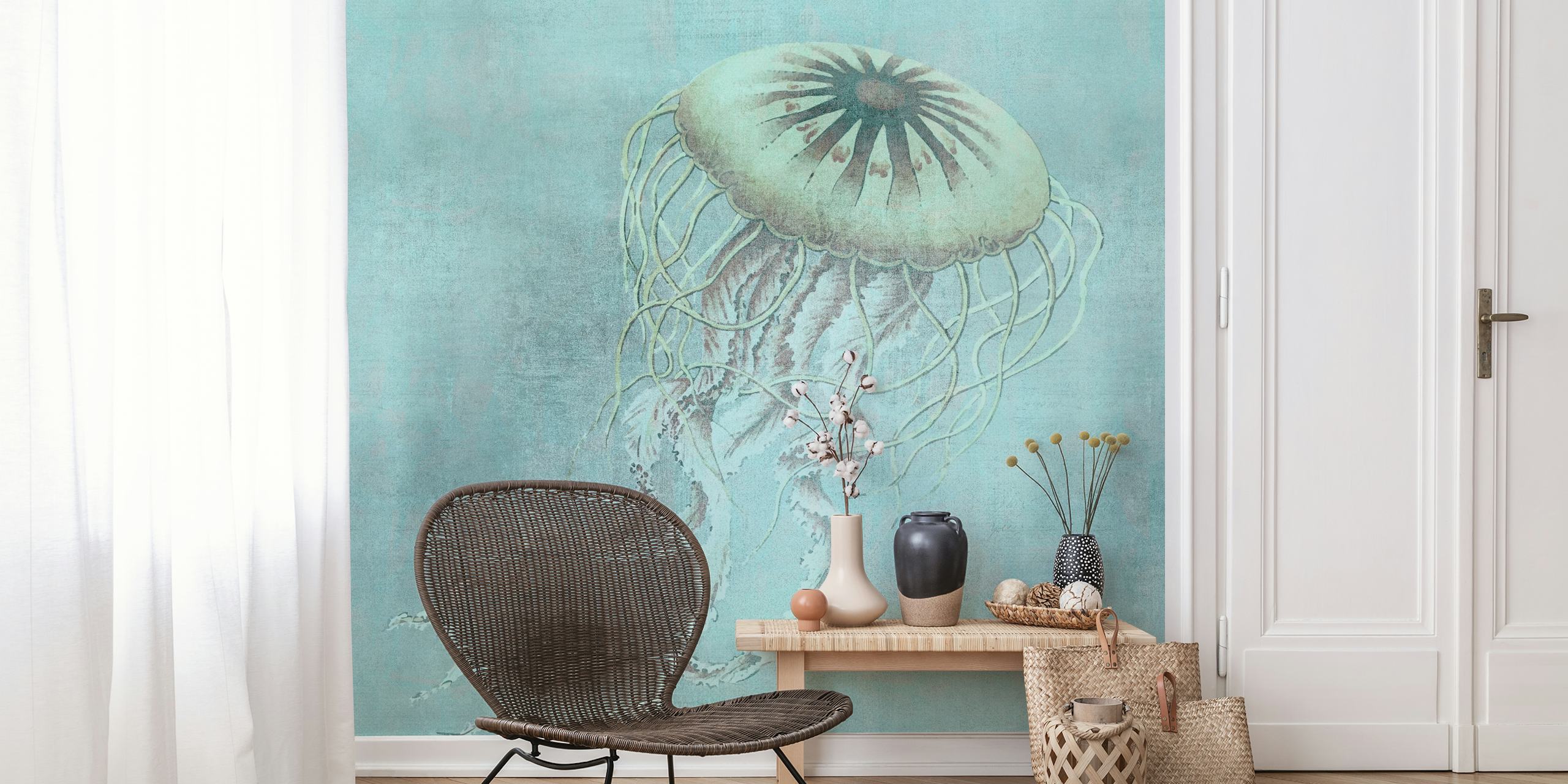 Turquoise jellyfish wallpaper displayed in a room