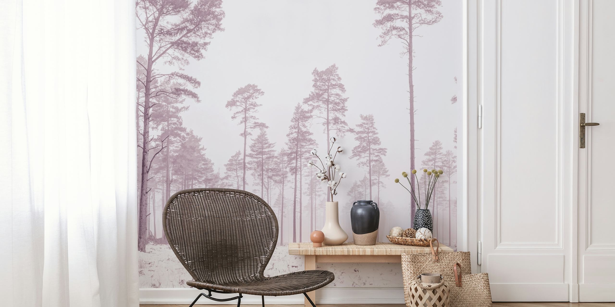 Winter-themed wallpaper featuring snow-covered trees.