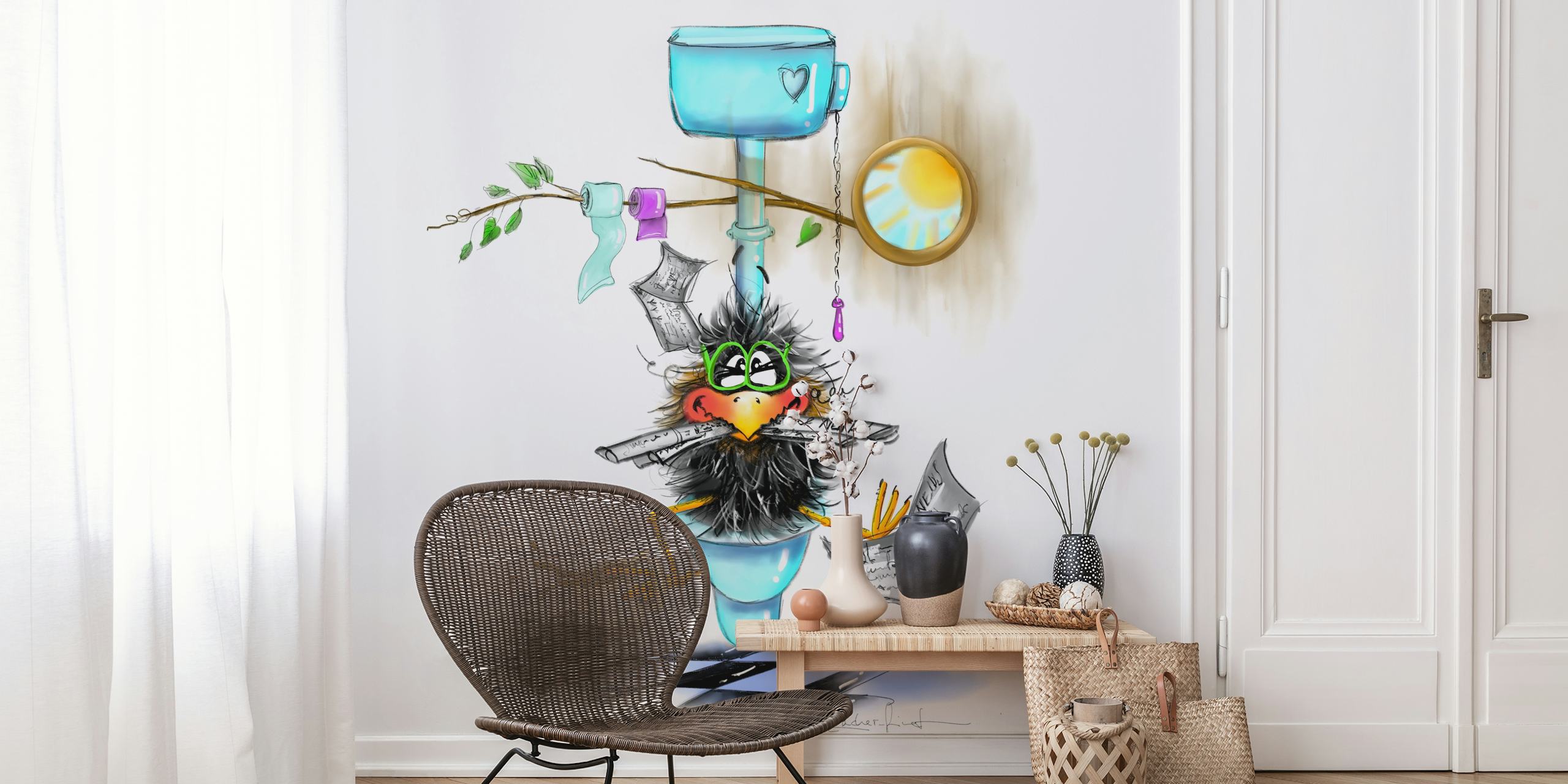 Whimsical wallpaper design featuring a playful character