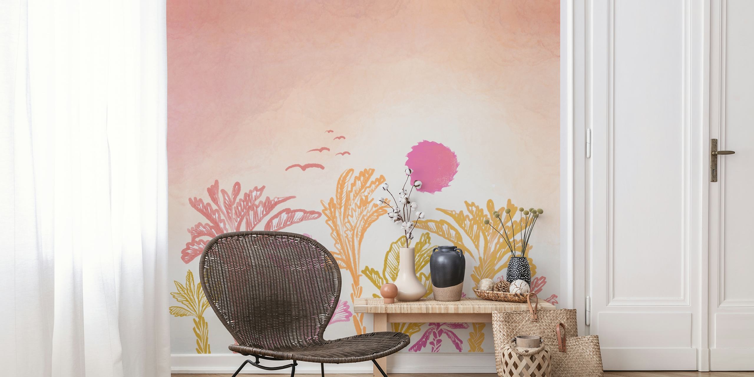 Tropical palm trees in sunset hues of pink, orange, and yellow wallpaper