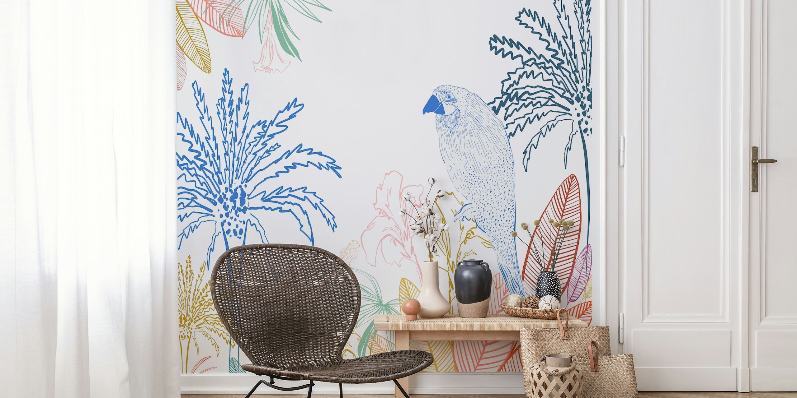 Tropical macaw bird wallpaper in a room