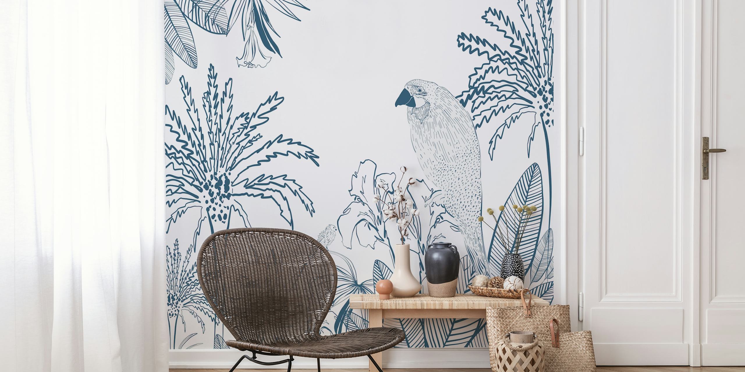 Tropical Macaw Bird papel de parede exibido em um quarto