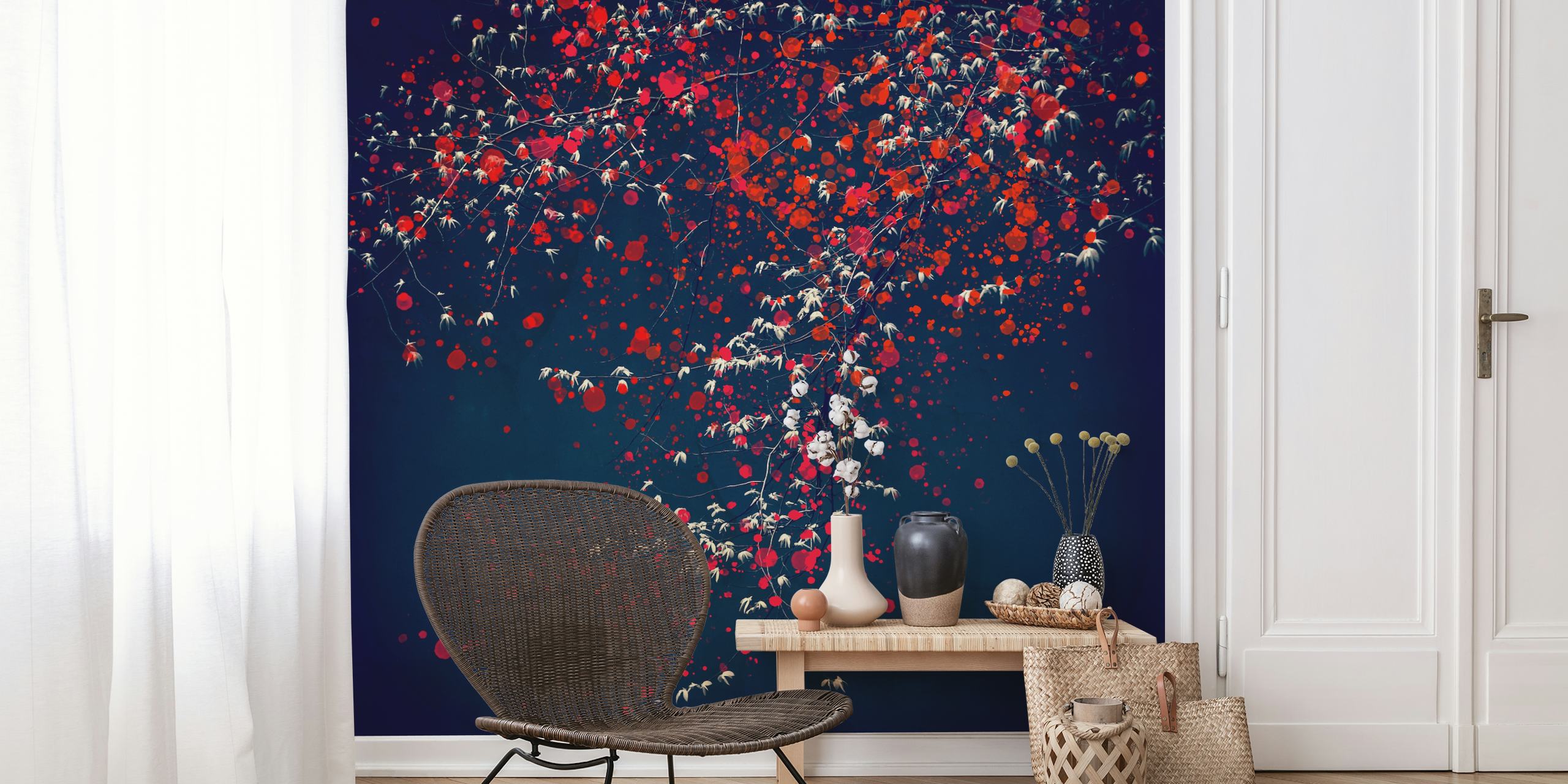 Abstract wall mural of a tree with red and white blossoms against a dark blue background