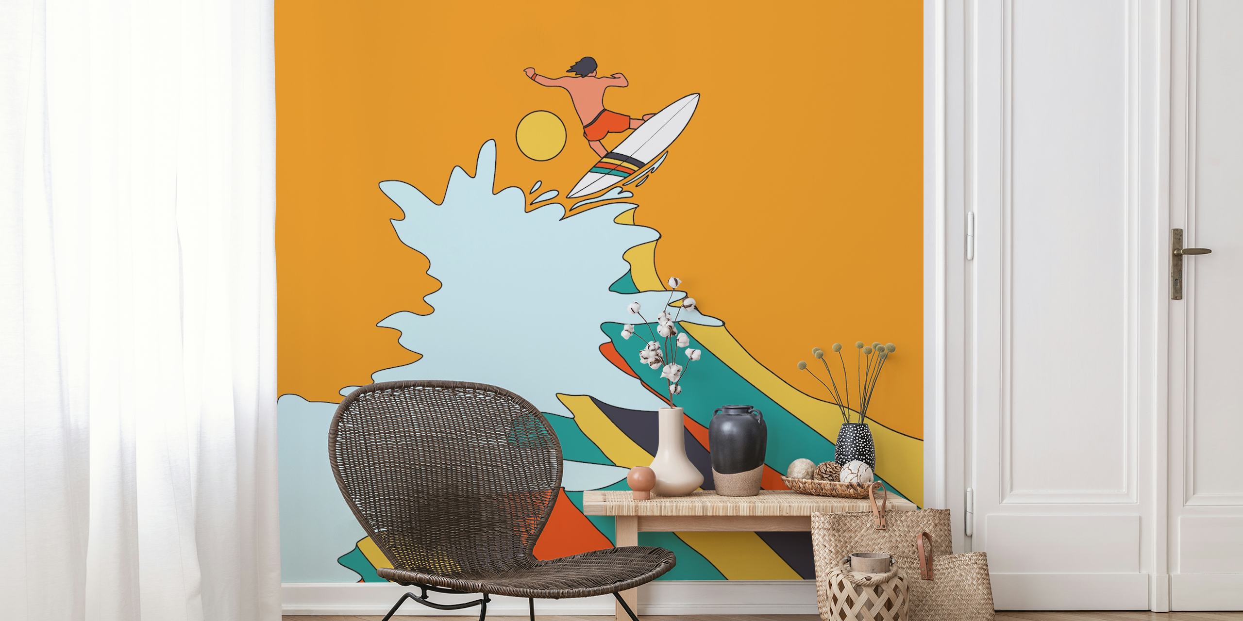 Surfer riding a wave with colorful stripes on orange wallpaper